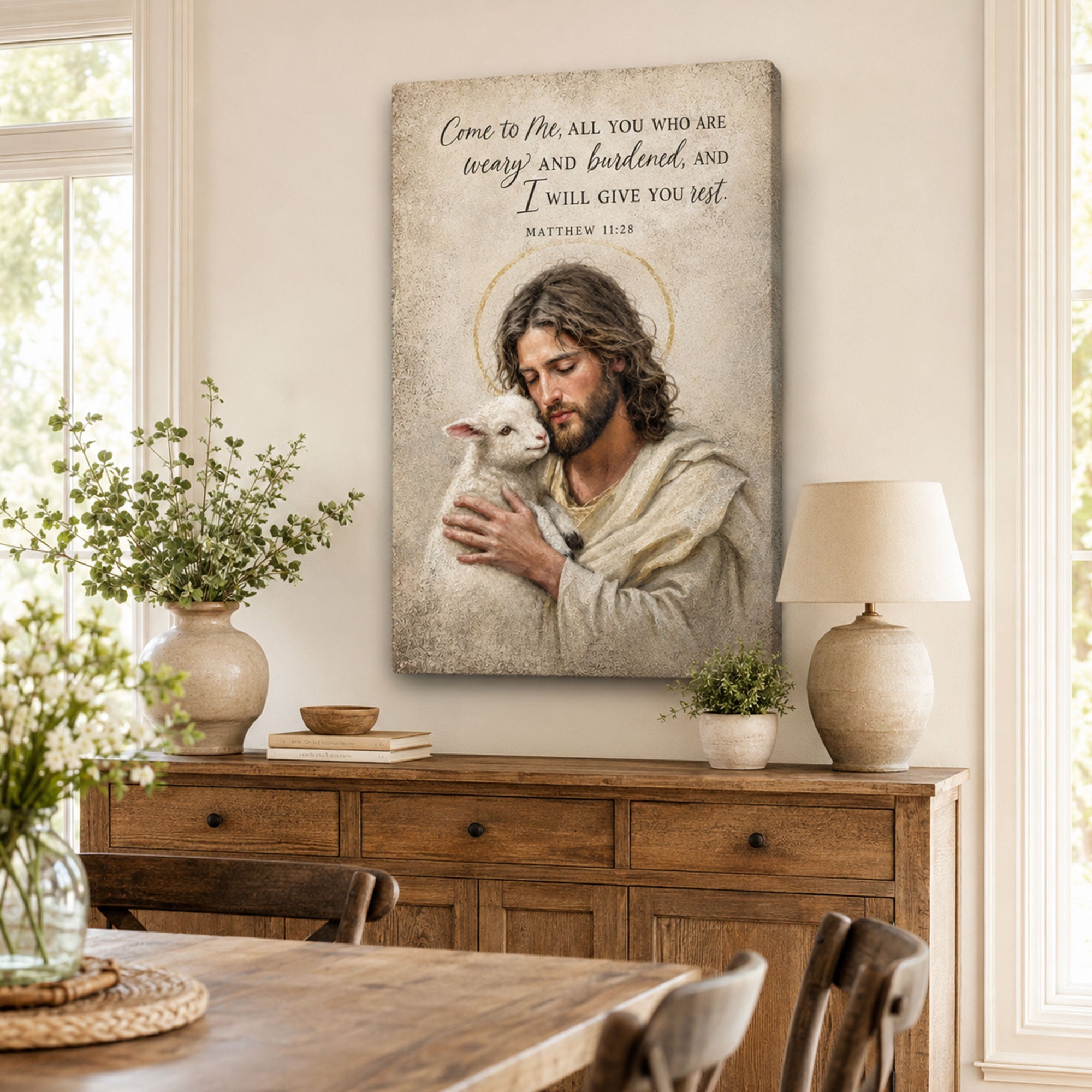 Matthew 11:28 Jesus and Lamb Canvas Print, Christian Home Decor