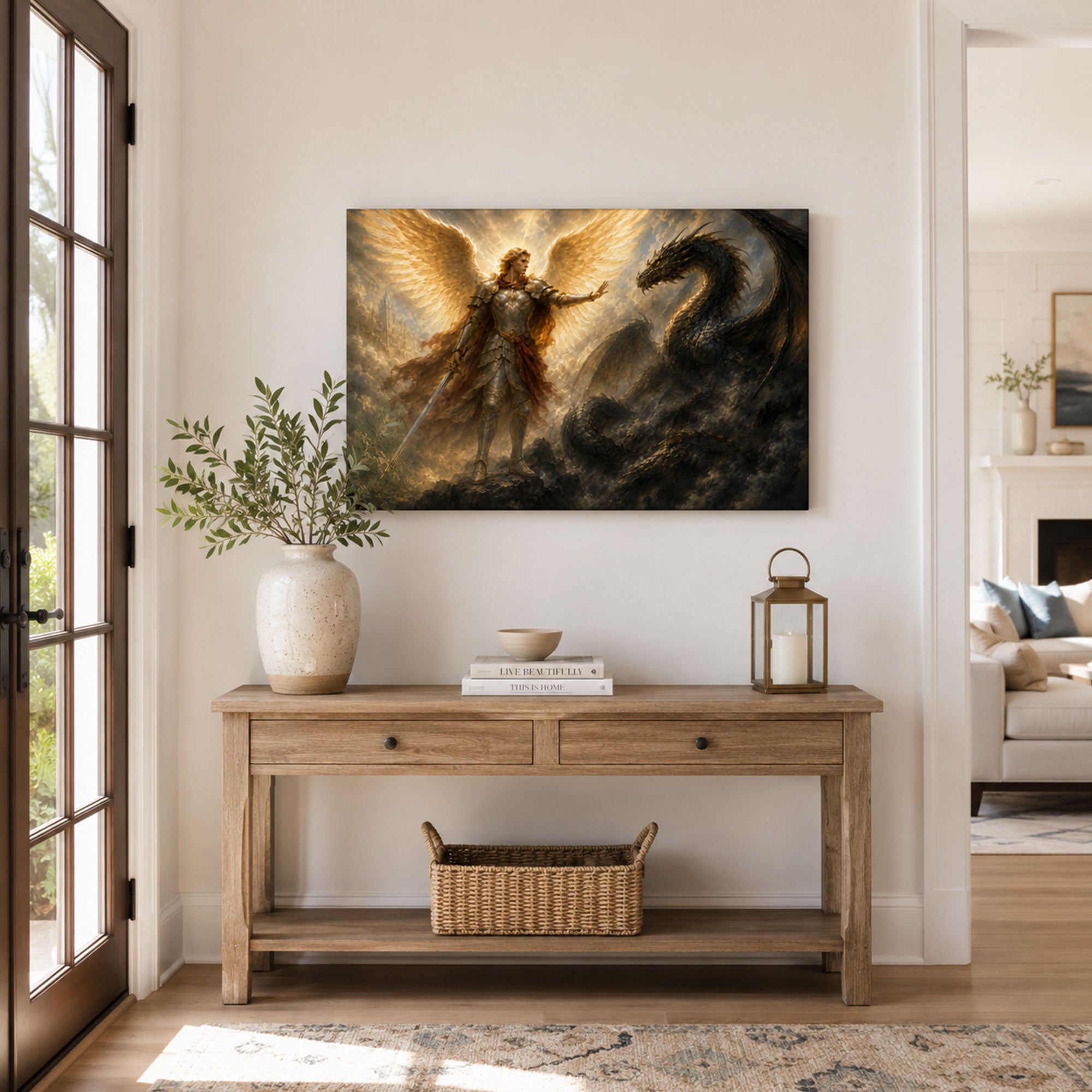 Saint Michael Defeating the Dragon Canvas Print, Catholic Home Decor