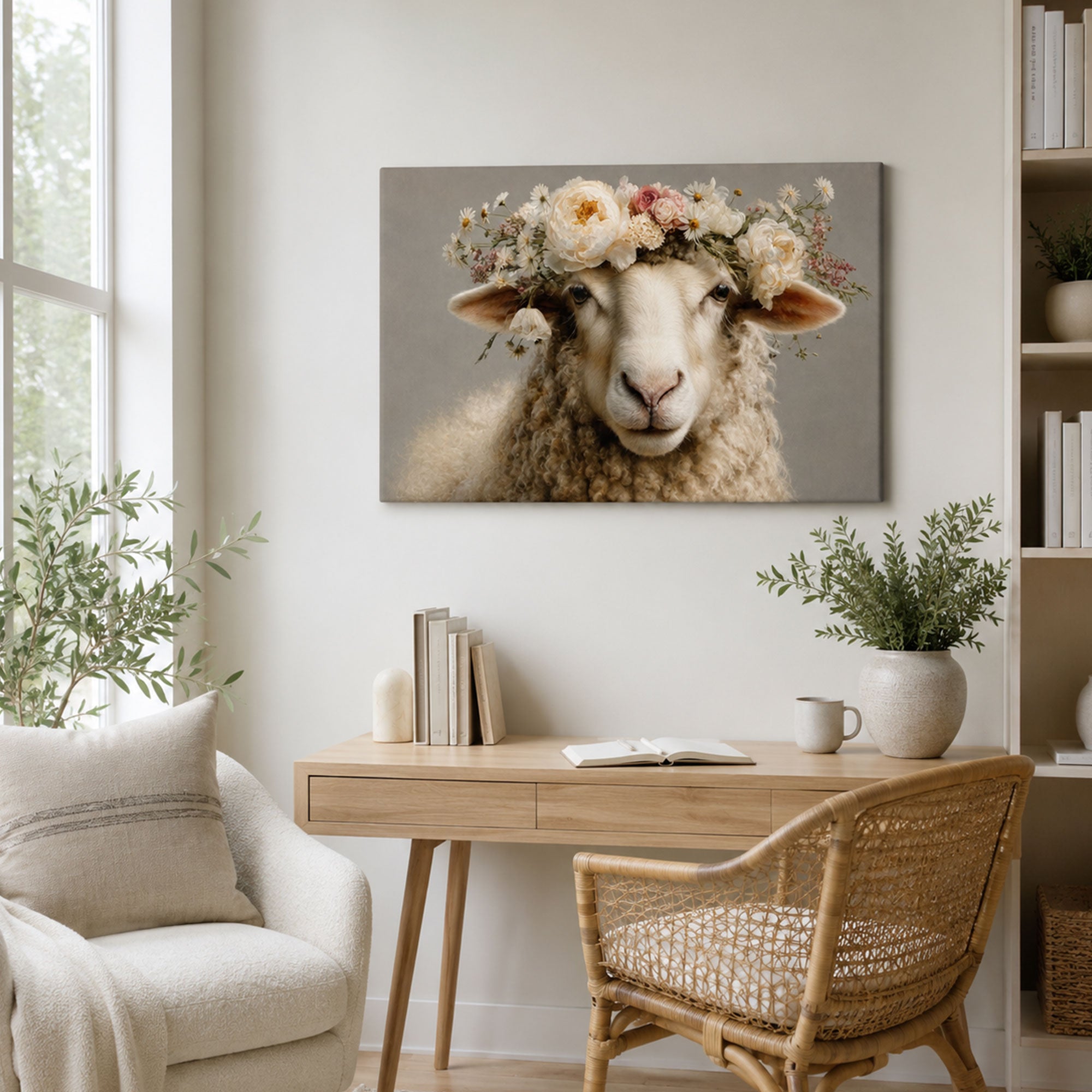 Floral Lamb Canvas Print, Gentle Christian Faith Decor