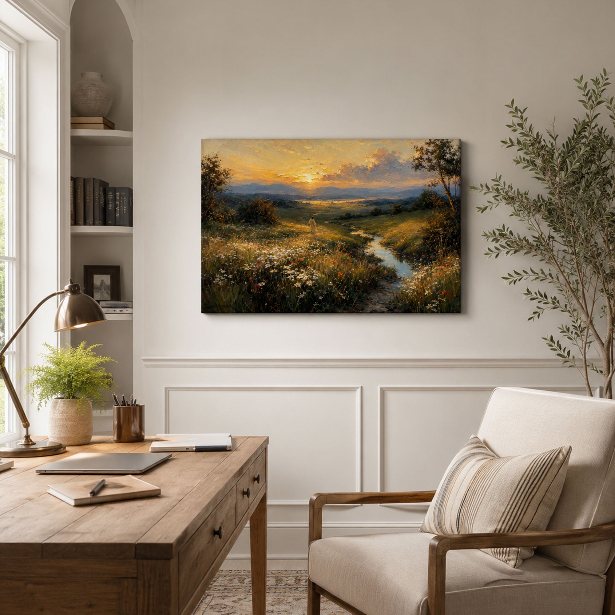 Jesus Walking Through the Wildflower Valley Canvas Print, Sunset Christian Decor