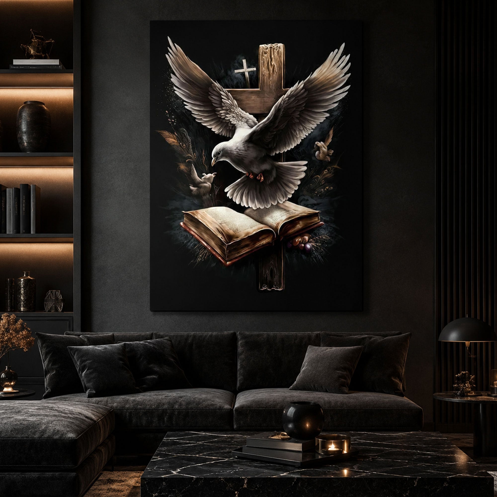 Spiritual Dove with Open Bible Canvas Art, Cross Christian Wall Decor, Inspirational Faith Religious Artwork