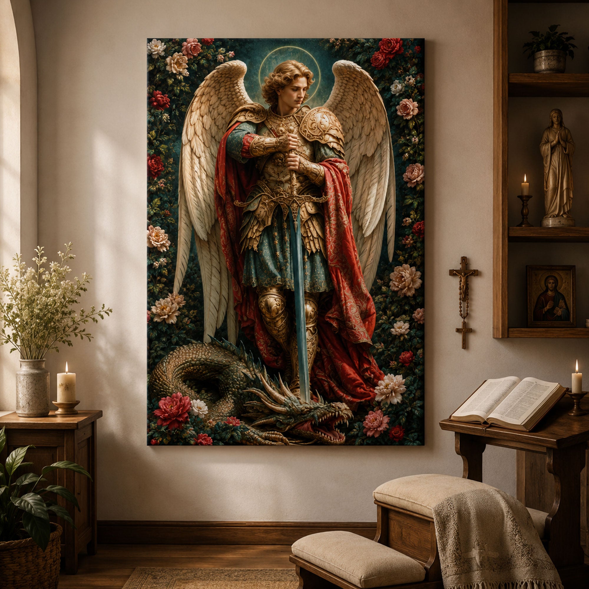 Saint Michael Archangel Canvas Print, Defeating Dragon Catholic Wall Art, Guardian Faith Home Decor