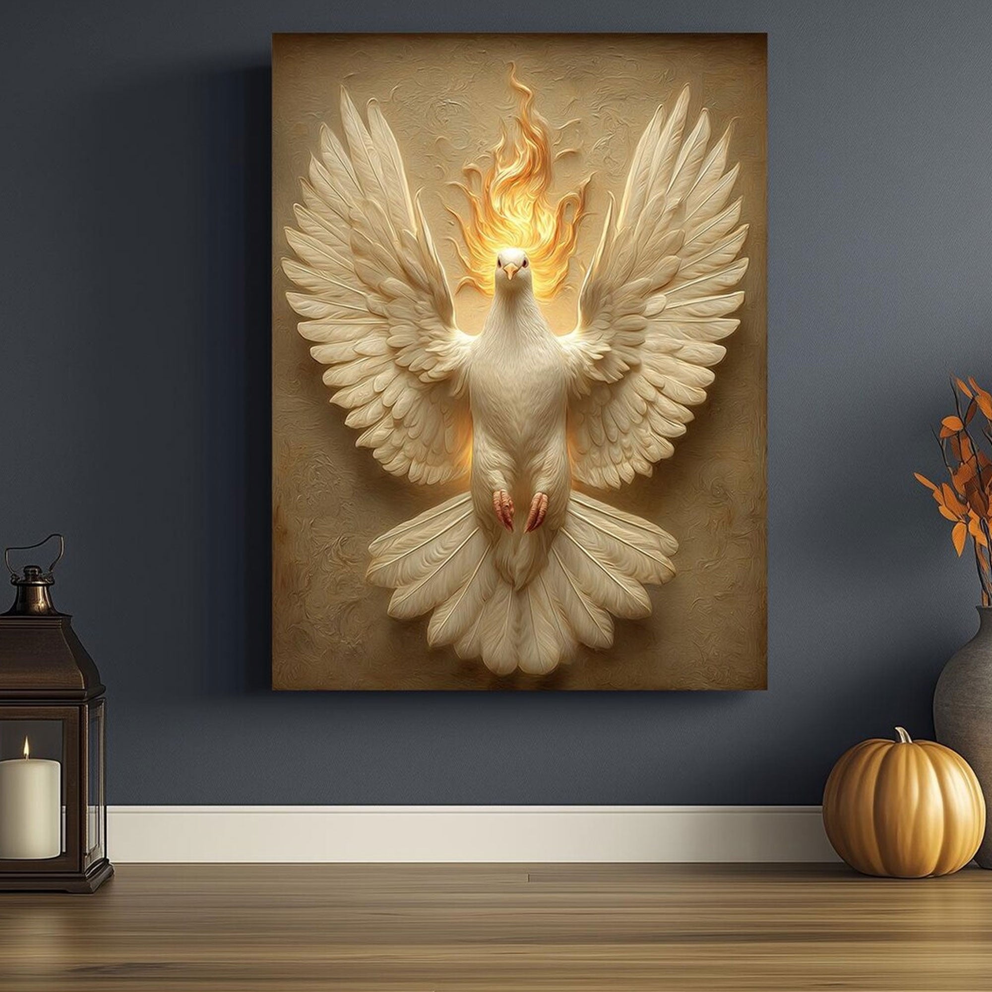 Holy Spirit Dove Canvas Print, Pentecost Fire Christian Wall Art, Symbol of Divine Presence and Power, Religious Faith Decor, Inspirational Spiritual Gift