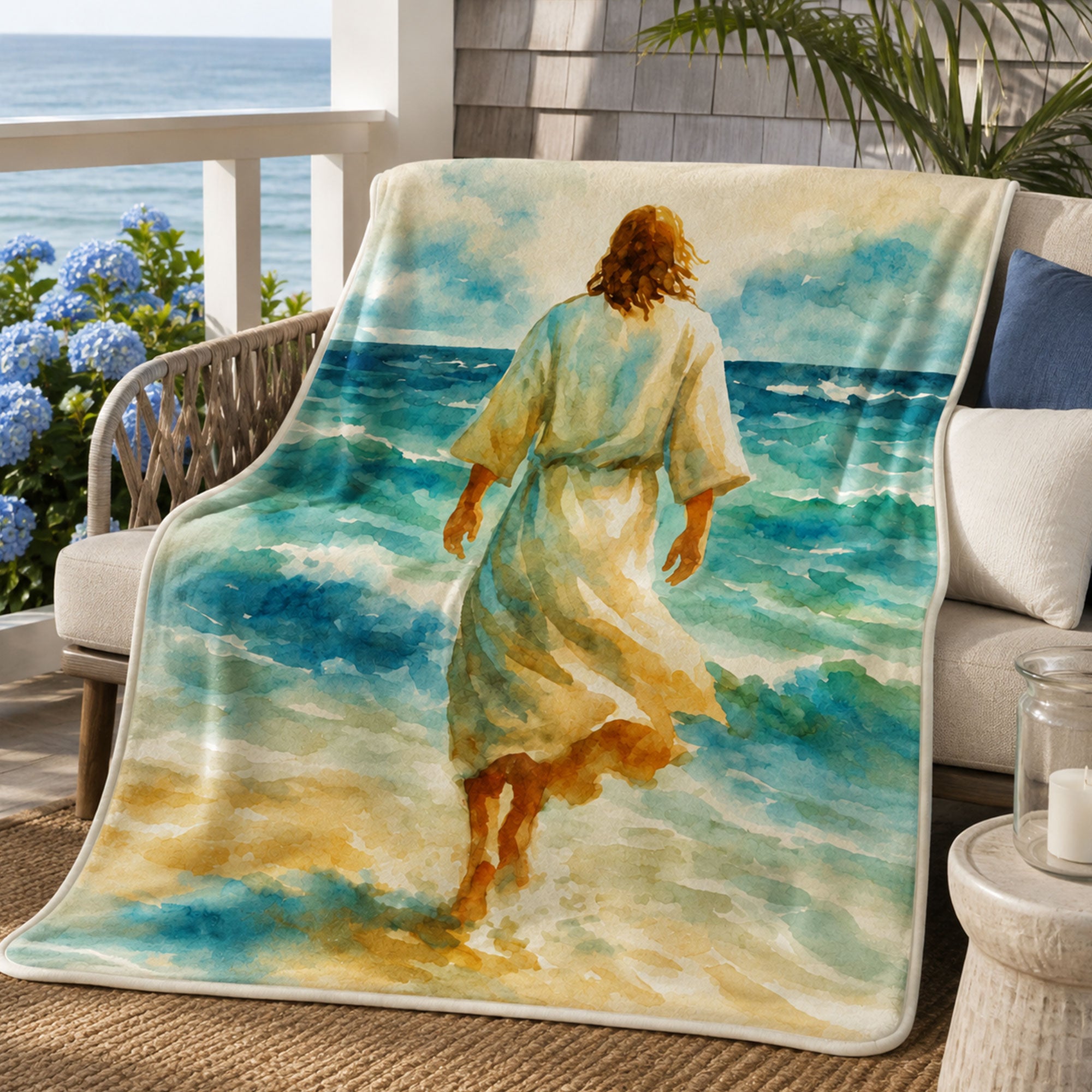 Jesus Walking on Water Fleece Blanket, Christian Faith Throw, Biblical Gift for Believers