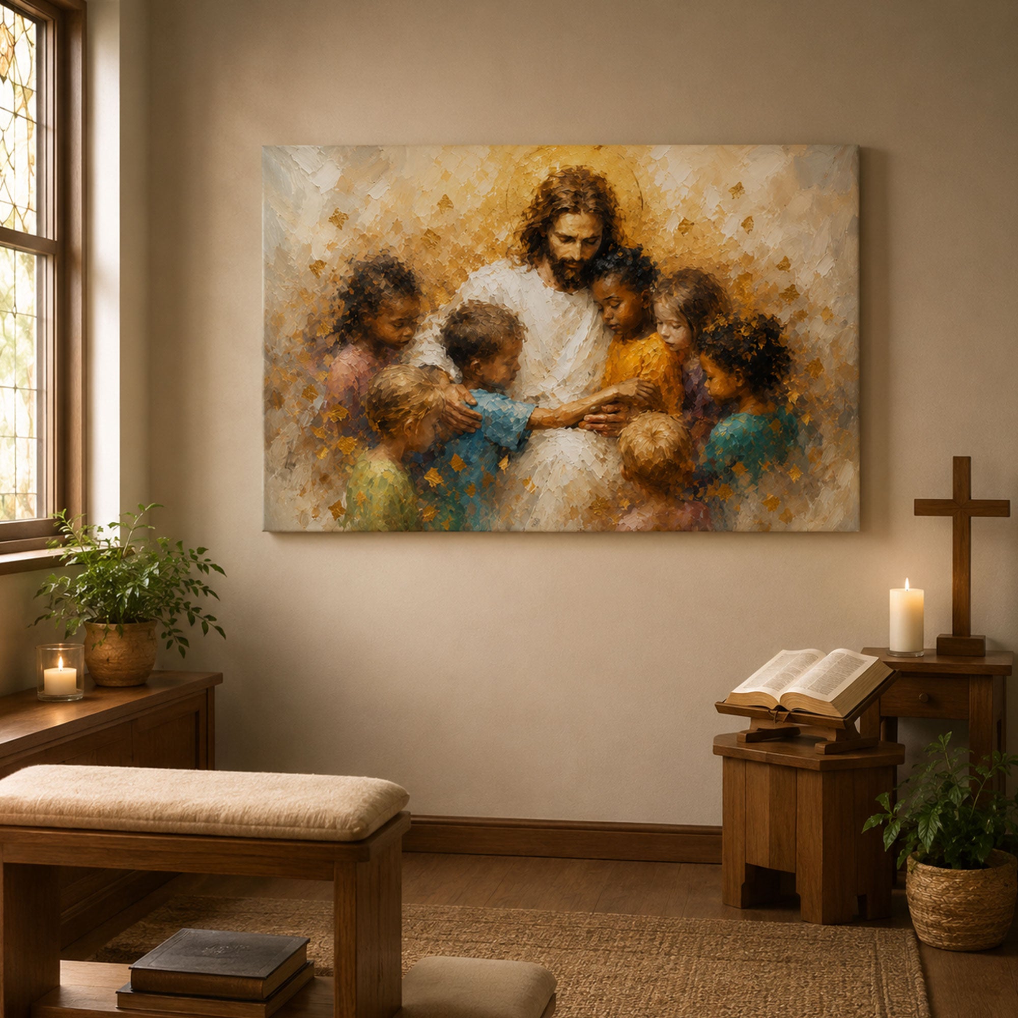 Jesus with Children Canvas Print, Christian Kids Wall Art, Faith Home Decor