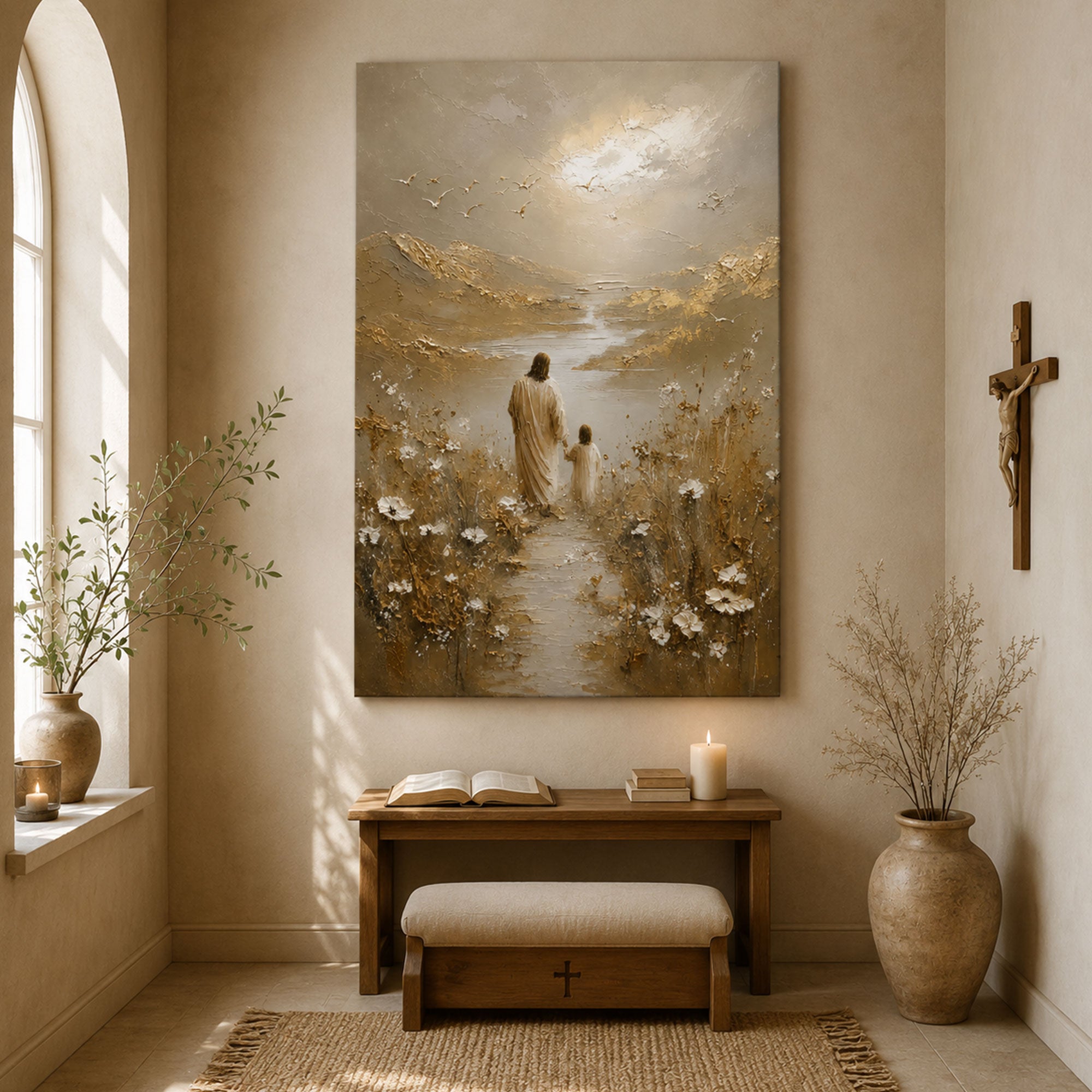 Jesus Walking with Child Canvas Print, Christian Wall Art, Peaceful Faith Home Decor