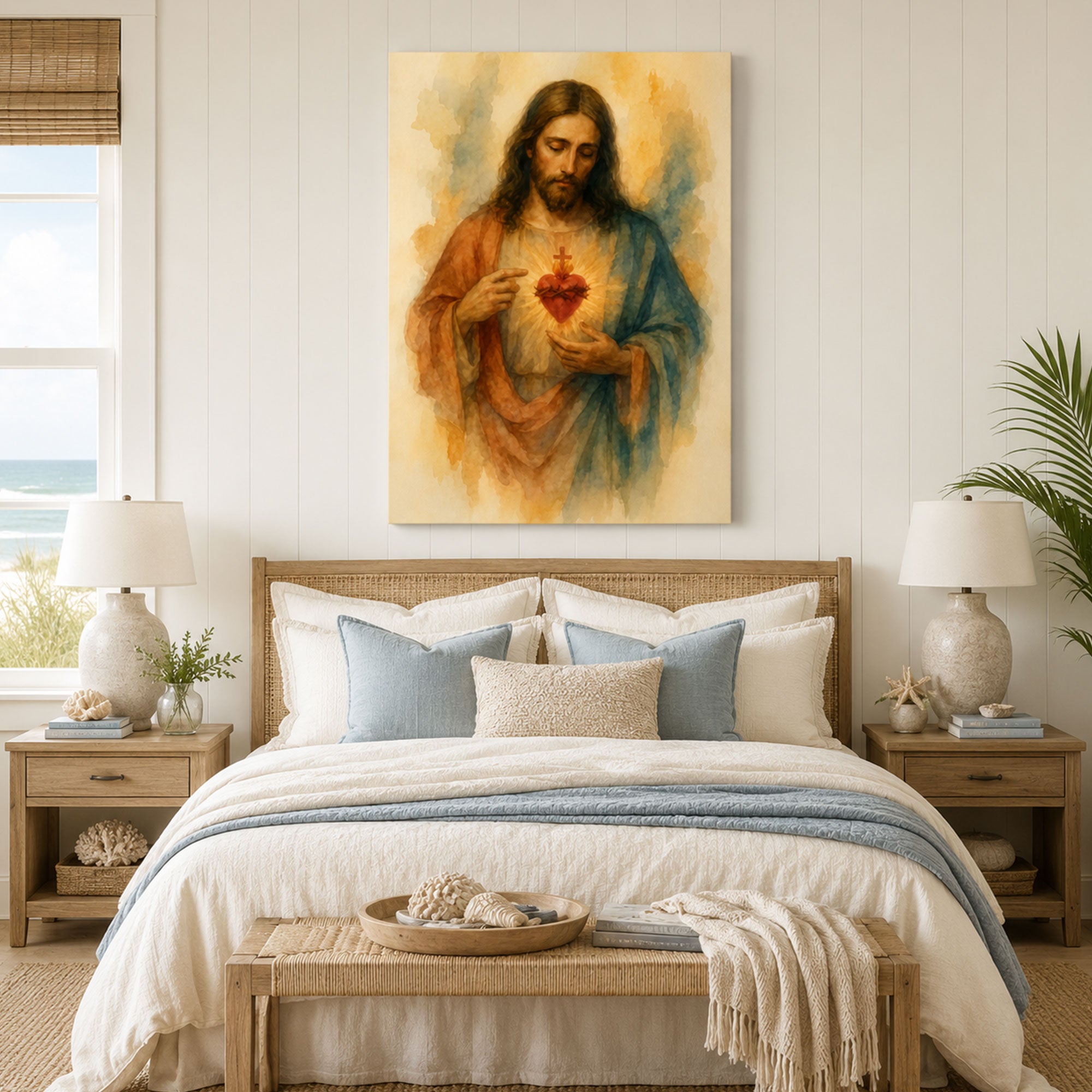 Sacred Heart of Jesus Watercolor Canvas Print, Christian Catholic Wall Art, Devotional Faith Home Decor