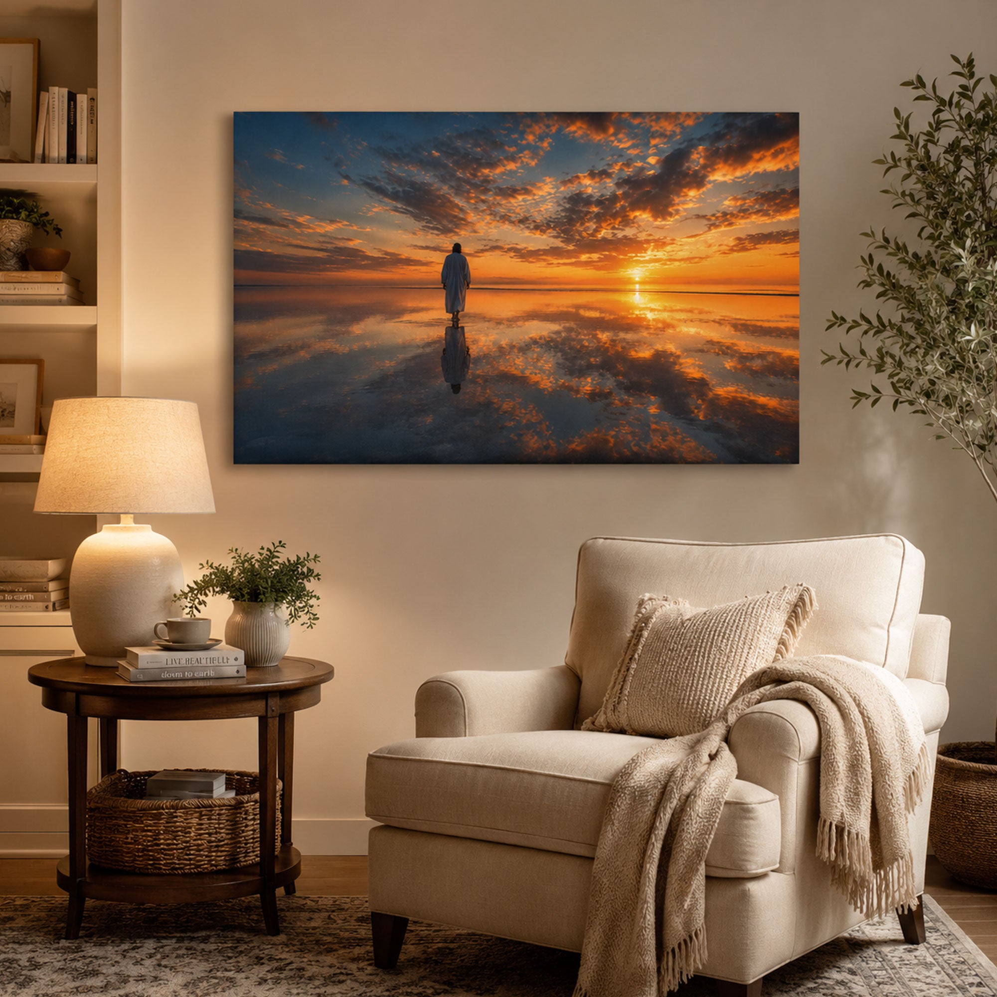 Jesus Walking on Water Sunset Canvas Print, Panoramic Christian Seascape Wall Art, Faith Home Decor Gift