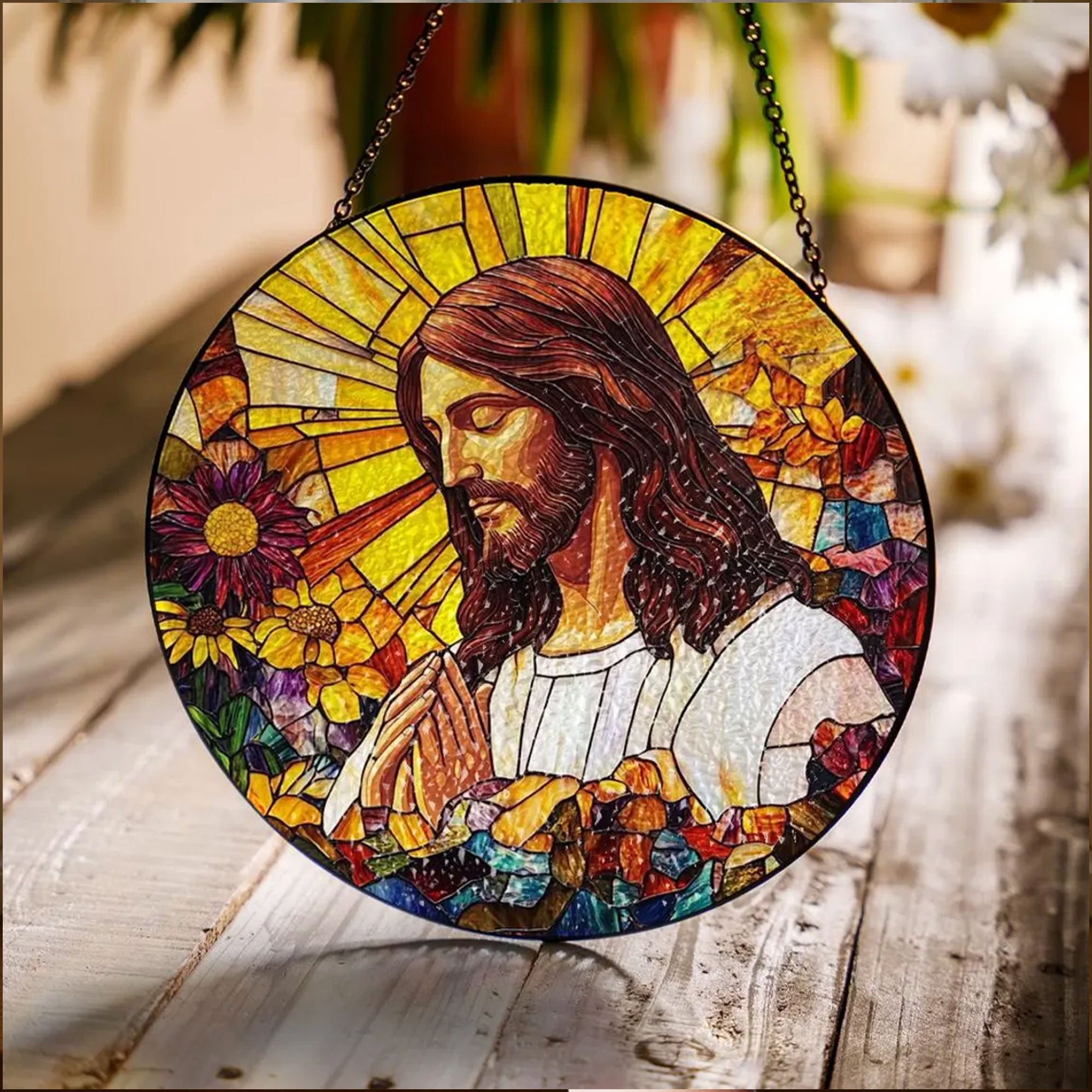 Jesus Stained Glass Suncatcher, Christian Window Hanging Decor, Floral Faith Gift, Religious Home Ornament
