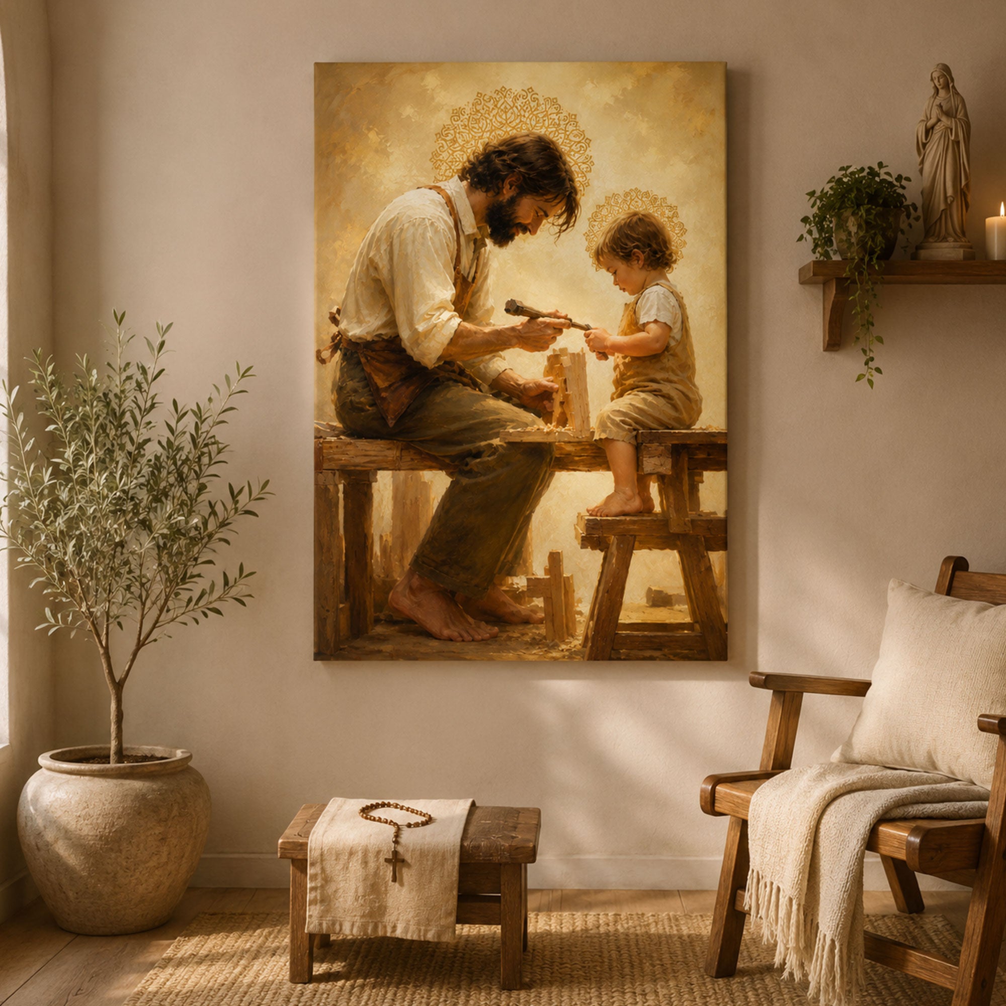 Saint Joseph Teaching Child Jesus Canvas Print, Catholic Wall Art, Fatherly Love Home Decor