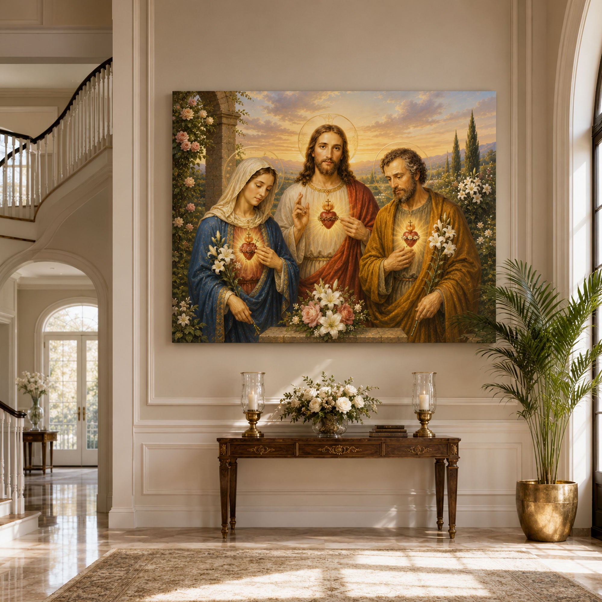 Holy Family Sacred Hearts Canvas Print, Jesus Mary and Joseph Christian Wall Art, Catholic Religious Home Decor