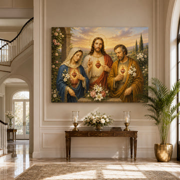 Holy Family Sacred Hearts Canvas Print, Jesus Mary and Joseph Christian Wall Art, Catholic Religious Home Decor