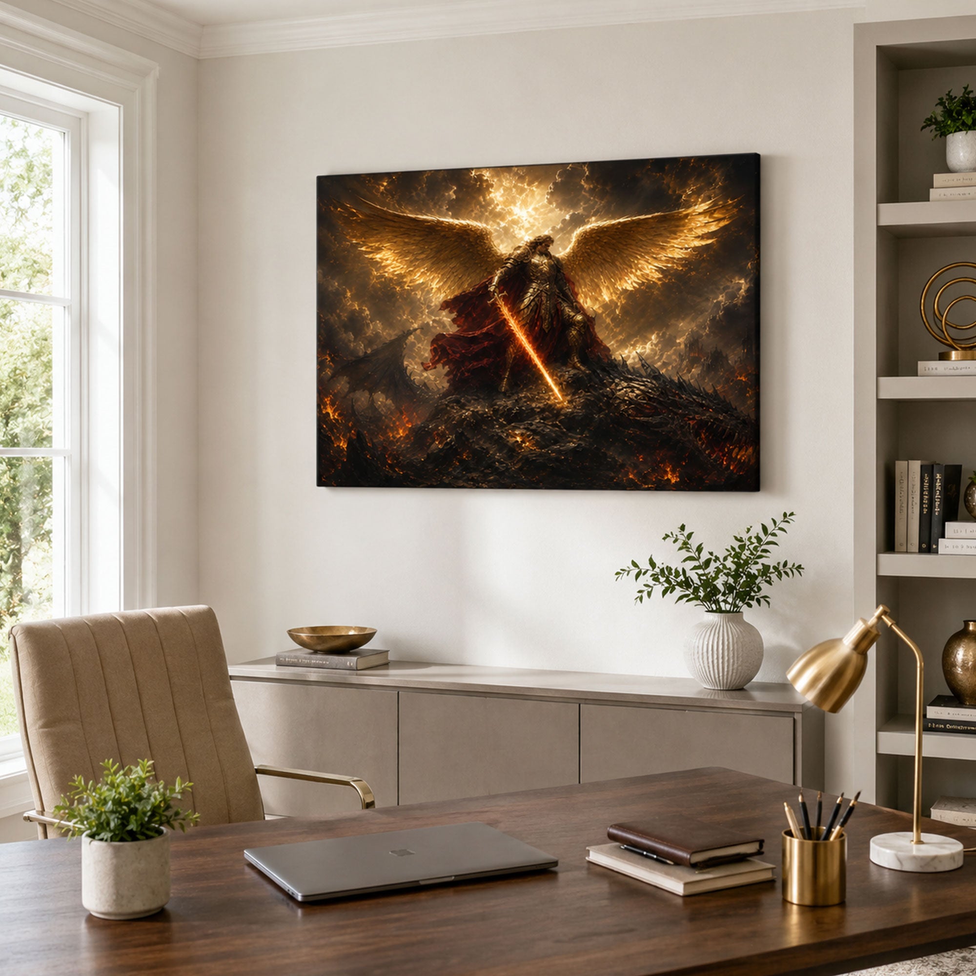 Saint Michael Defeating the Dragon Canvas Print, Revelation 12 Christian Wall Decor, Protection Gift