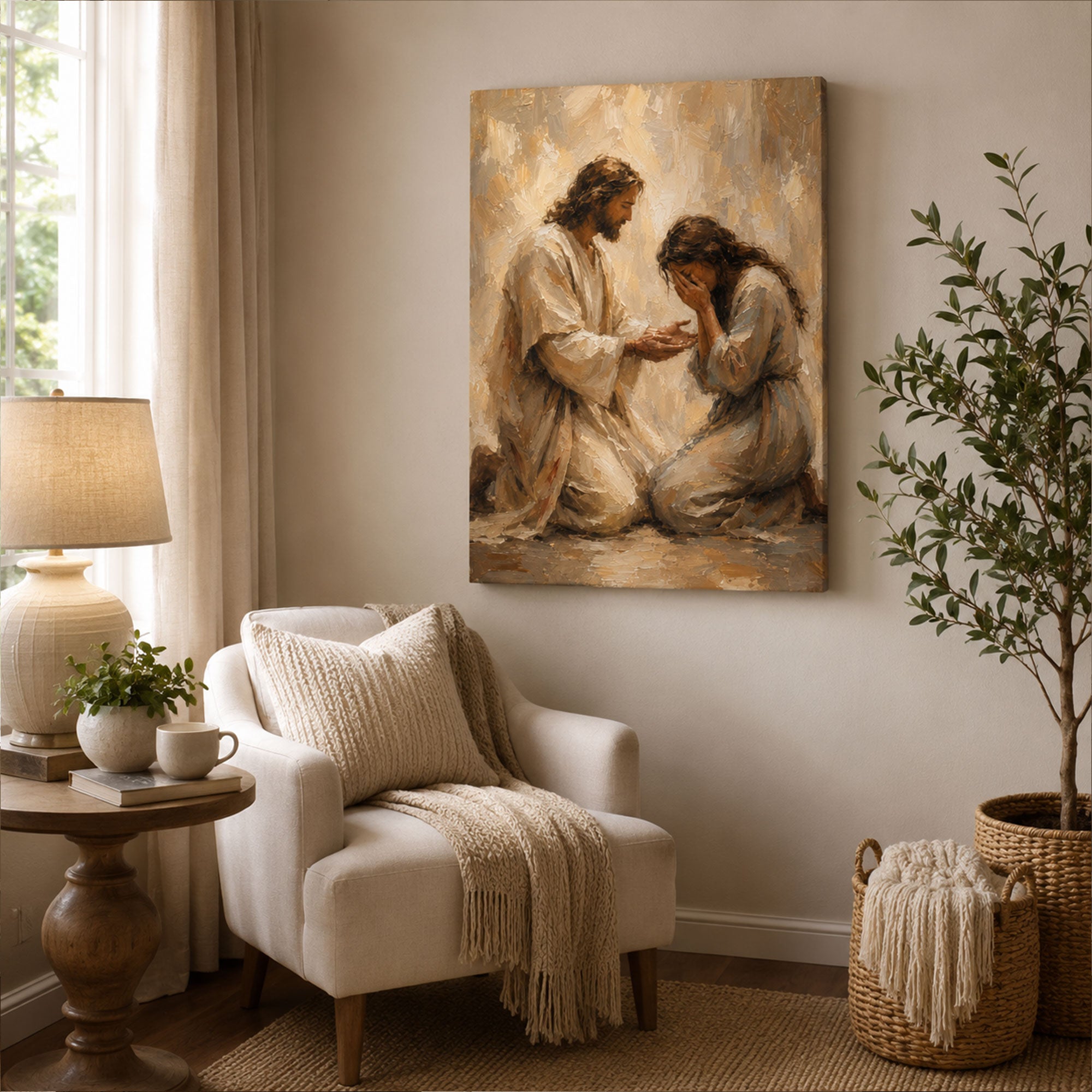Jesus Comforting Woman Canvas Print, Soft Brush Christian Wall Decor for Home