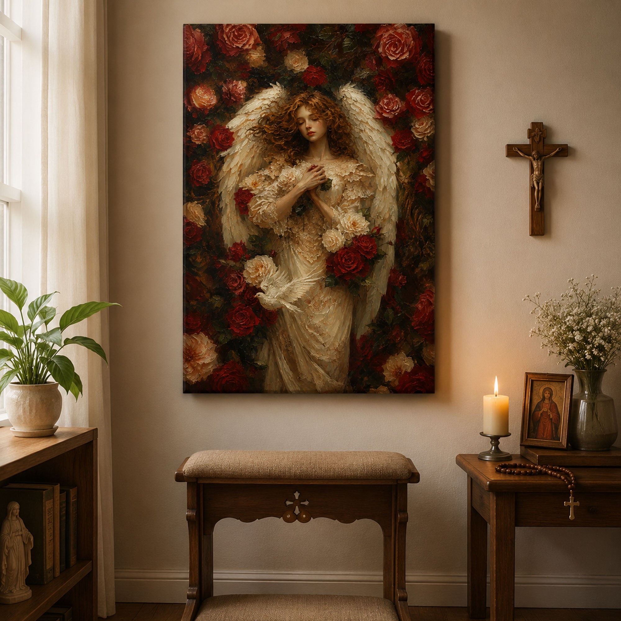Guardian Angel with Roses Canvas Print, Christian Angel Wall Art, Faith Home Decor
