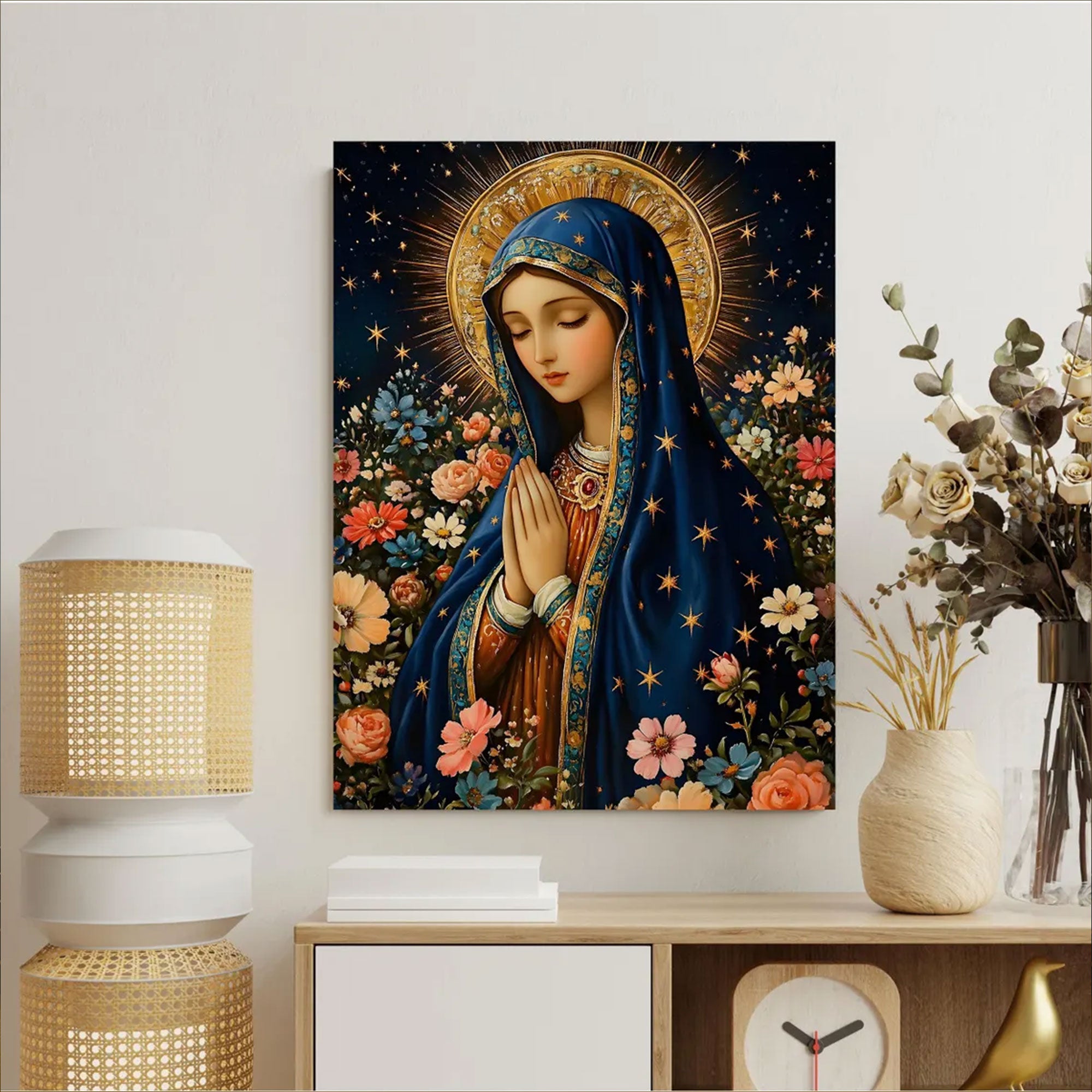 Virgin Mary Canvas Print, Starry Madonna Floral Wall Art, Catholic Home Decor, Blessed Mother Faith Artwork