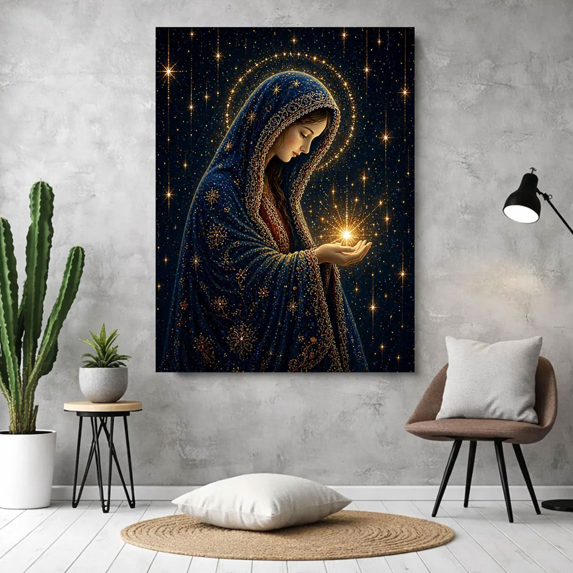 Virgin Mary Starry Night Canvas Print, Blessed Mother Under the Stars, Catholic Faith Decor, Serene Spiritual Artwork, Inspirational Gift