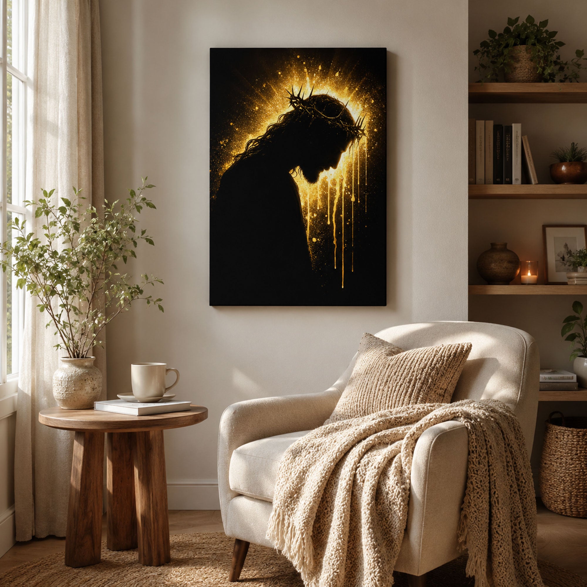 Jesus Crown of Thorns Canvas Print, Dark Gold Christian Wall Art, Passion of Christ Home Decor Gift