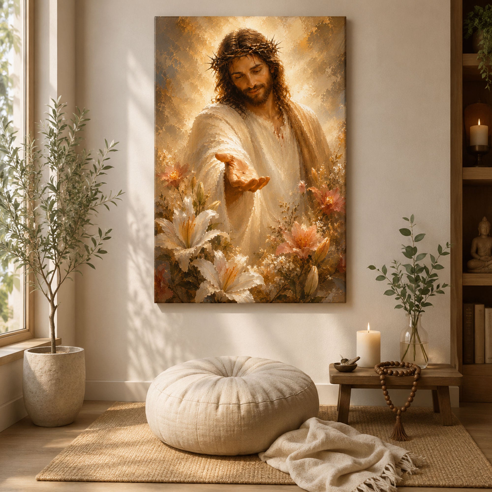 Jesus Reaching Out Canvas Print, Crown of Thorns Christian Wall Art, Floral Faith Home Decor