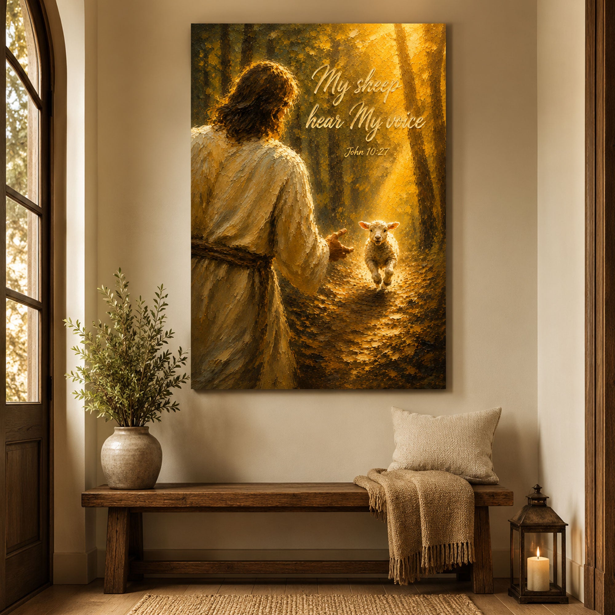 My Sheep Hear My Voice Canvas Print, Jesus and Lamb John 10:27 Christian Wall Art for Home Decor