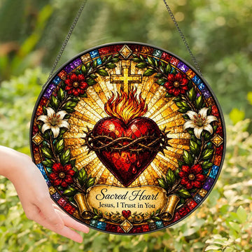 Sacred Heart of Jesus Suncatcher, Jesus I Trust in You Catholic Window Hanging, Christian Faith Gift