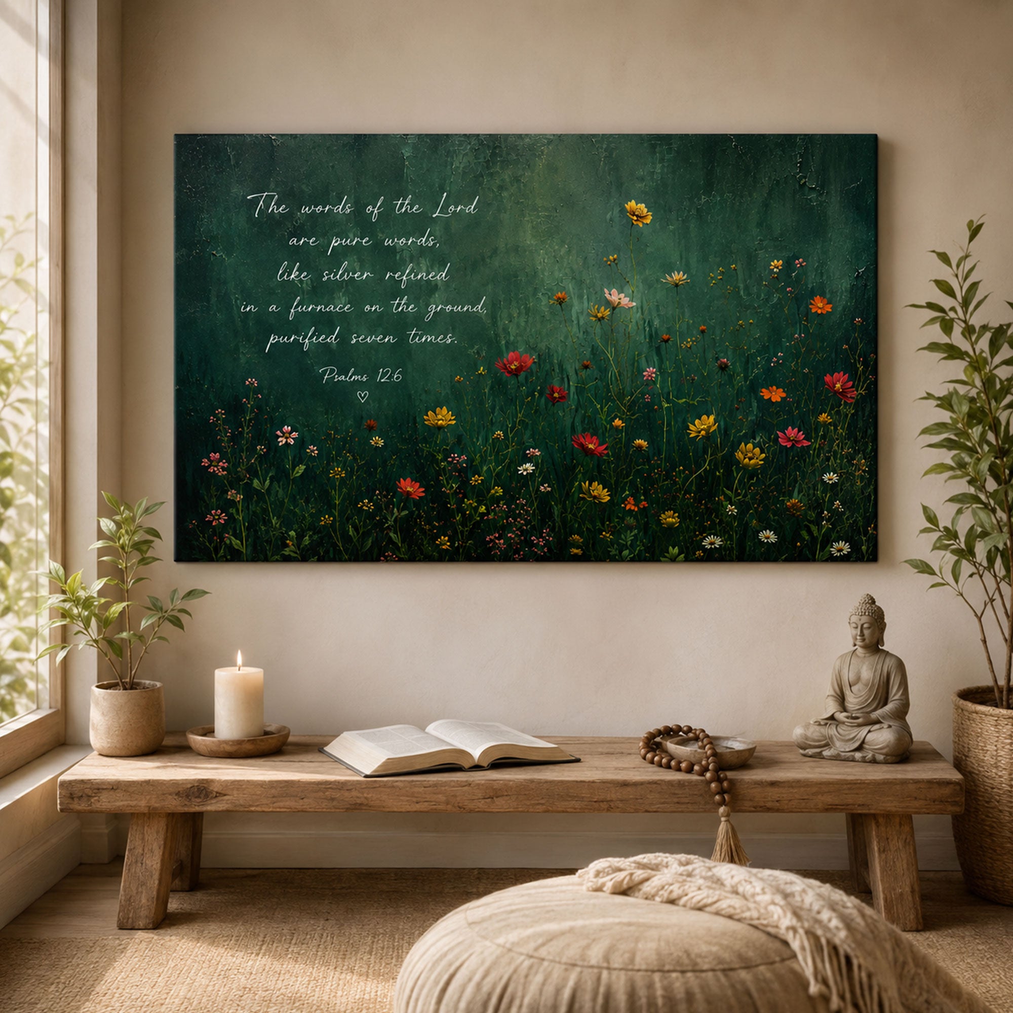 The Words of the Lord Psalm 12:6 Canvas Print, Christian Scripture Wall Art, Dark Green Floral Faith Home Decor