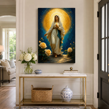 Blessed Virgin Mary Canvas Print, Blue and Gold Catholic Wall Art, Marian Faith Home Decor Gift