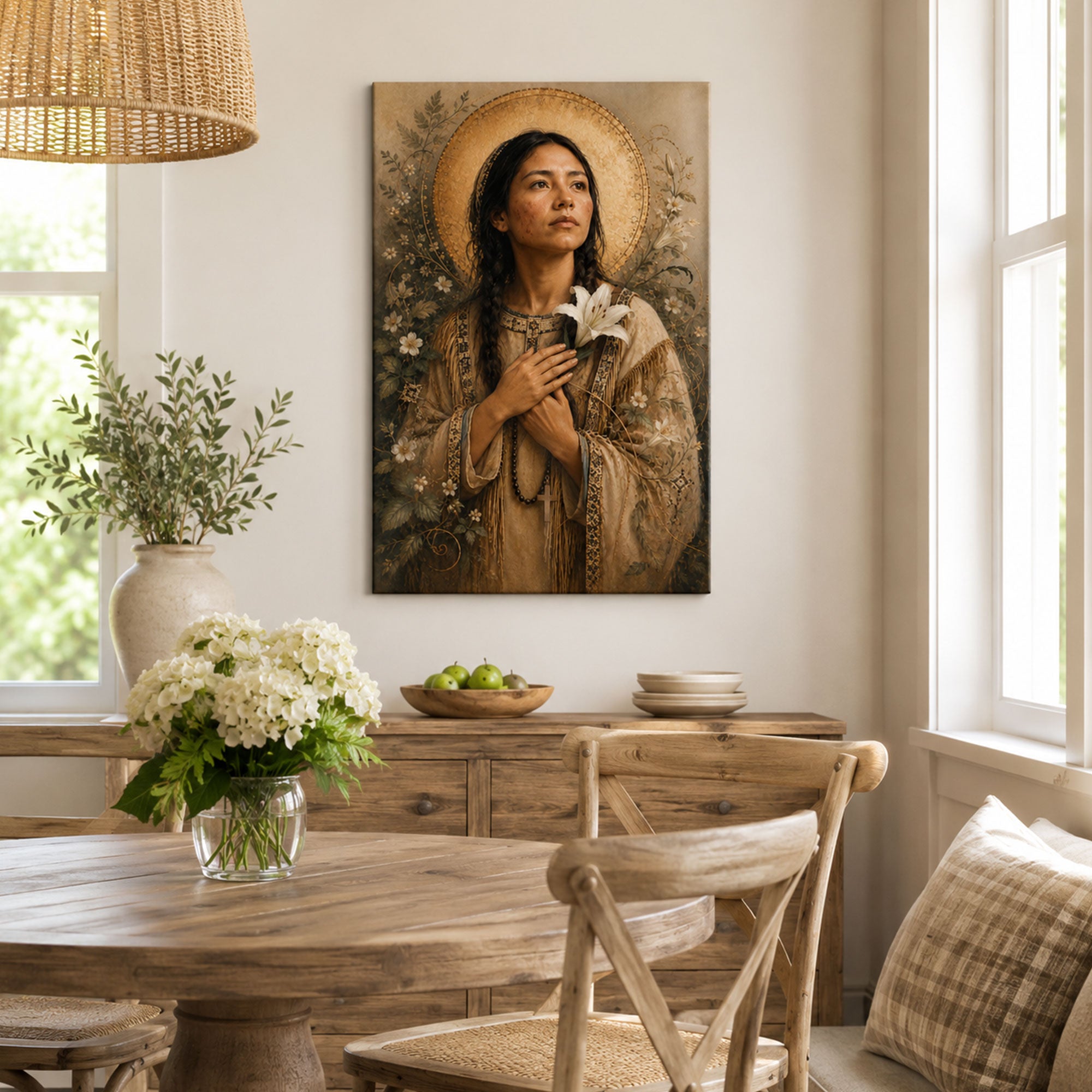 Saint Kateri Tekakwitha Canvas Print, Native American Catholic Saint Wall Art, Lily Flower Faith Home Decor Gift