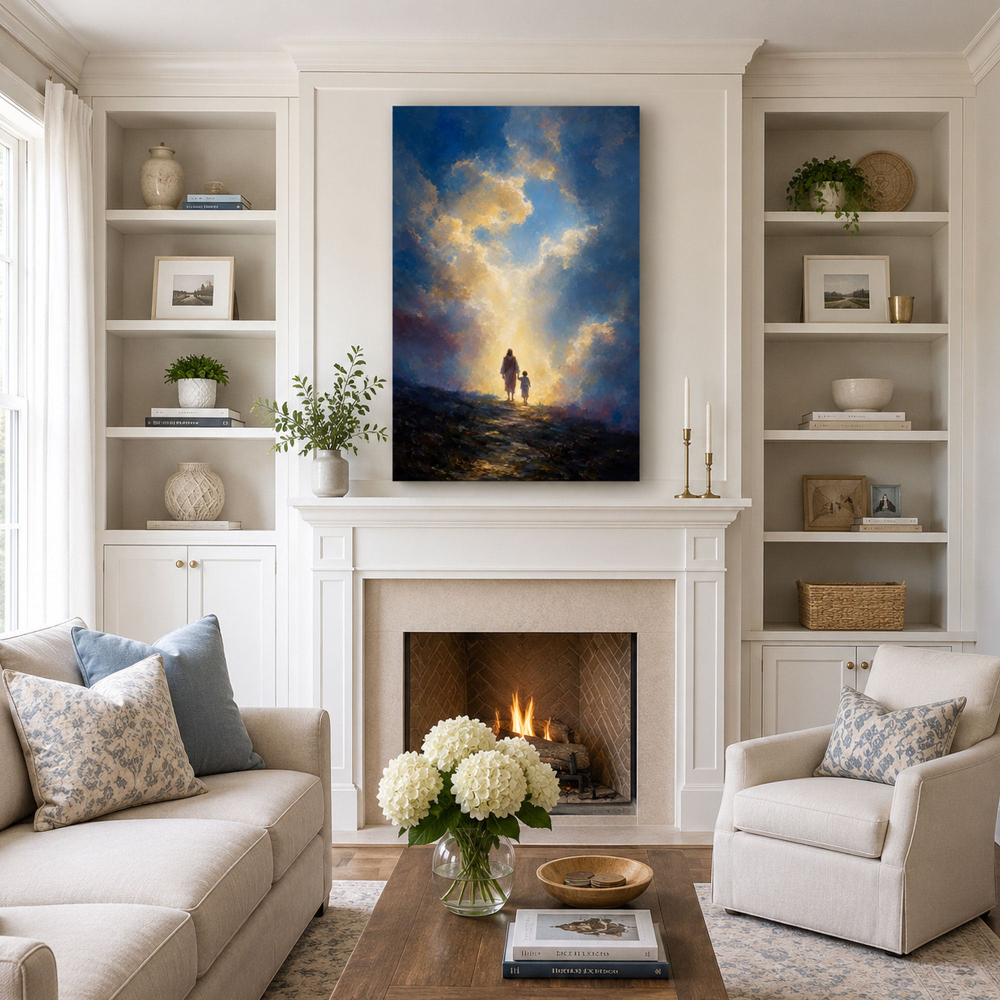 Jesus Leading a Child Toward the Light Canvas Print, Christian Home Decor