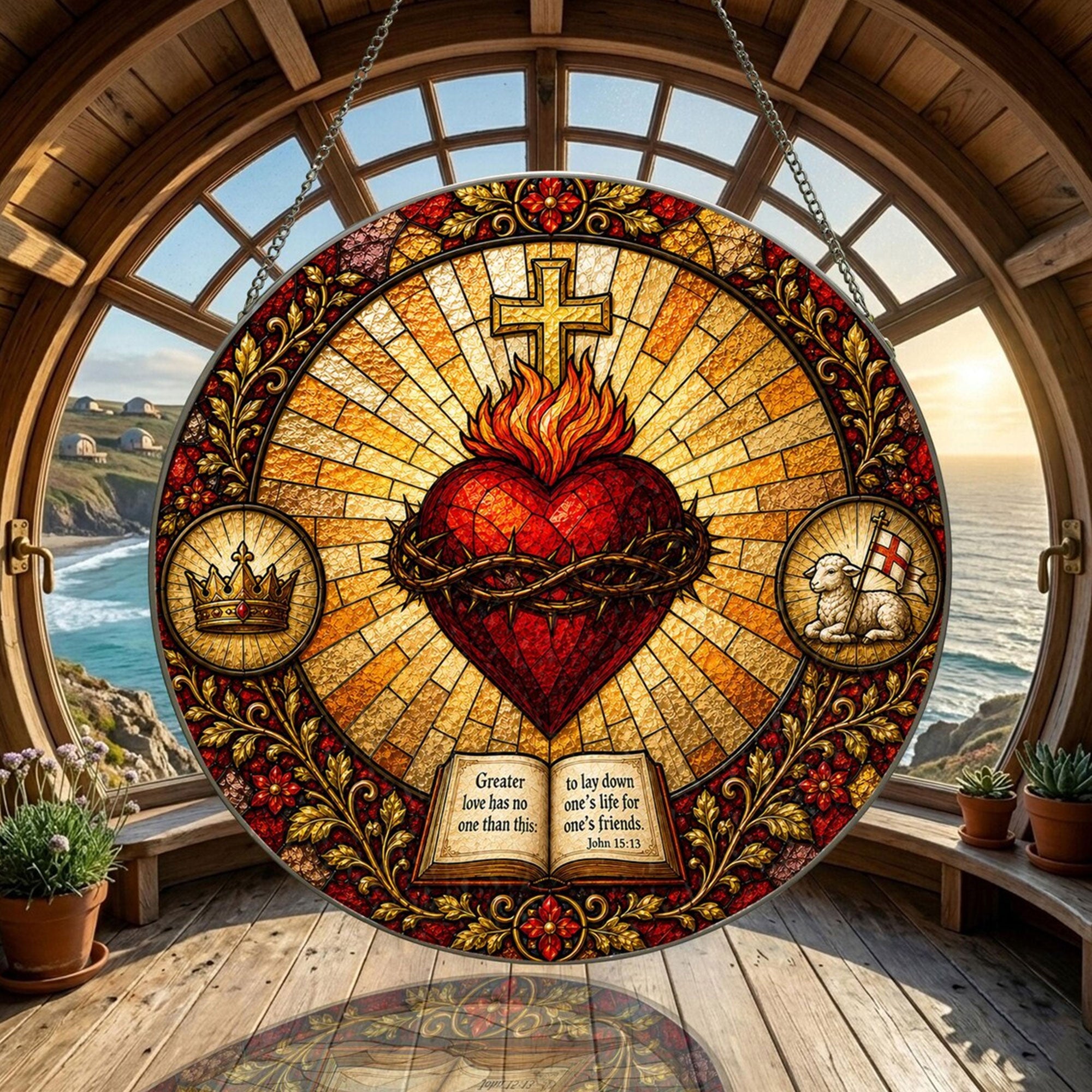 Sacred Heart Bible Verse Suncatcher, Crown of Thorns Catholic Home Decor