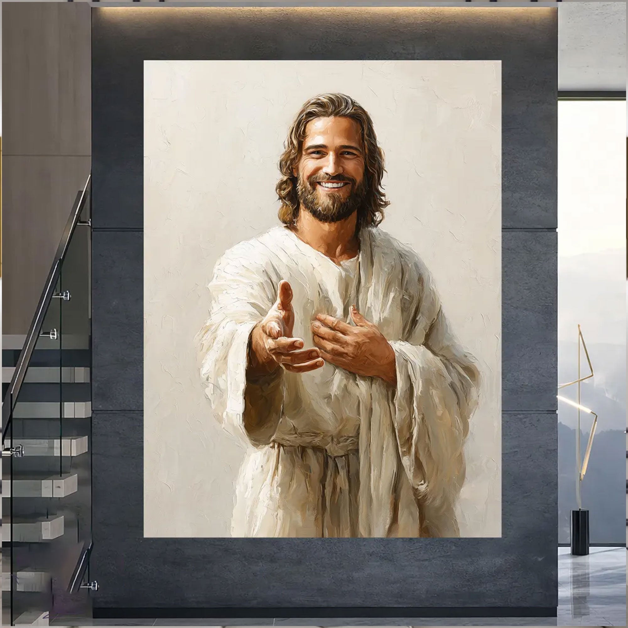 Smiling Jesus Canvas Print, Welcoming Faith Wall Art, Christian Religious Home Decor, Inspirational Gift