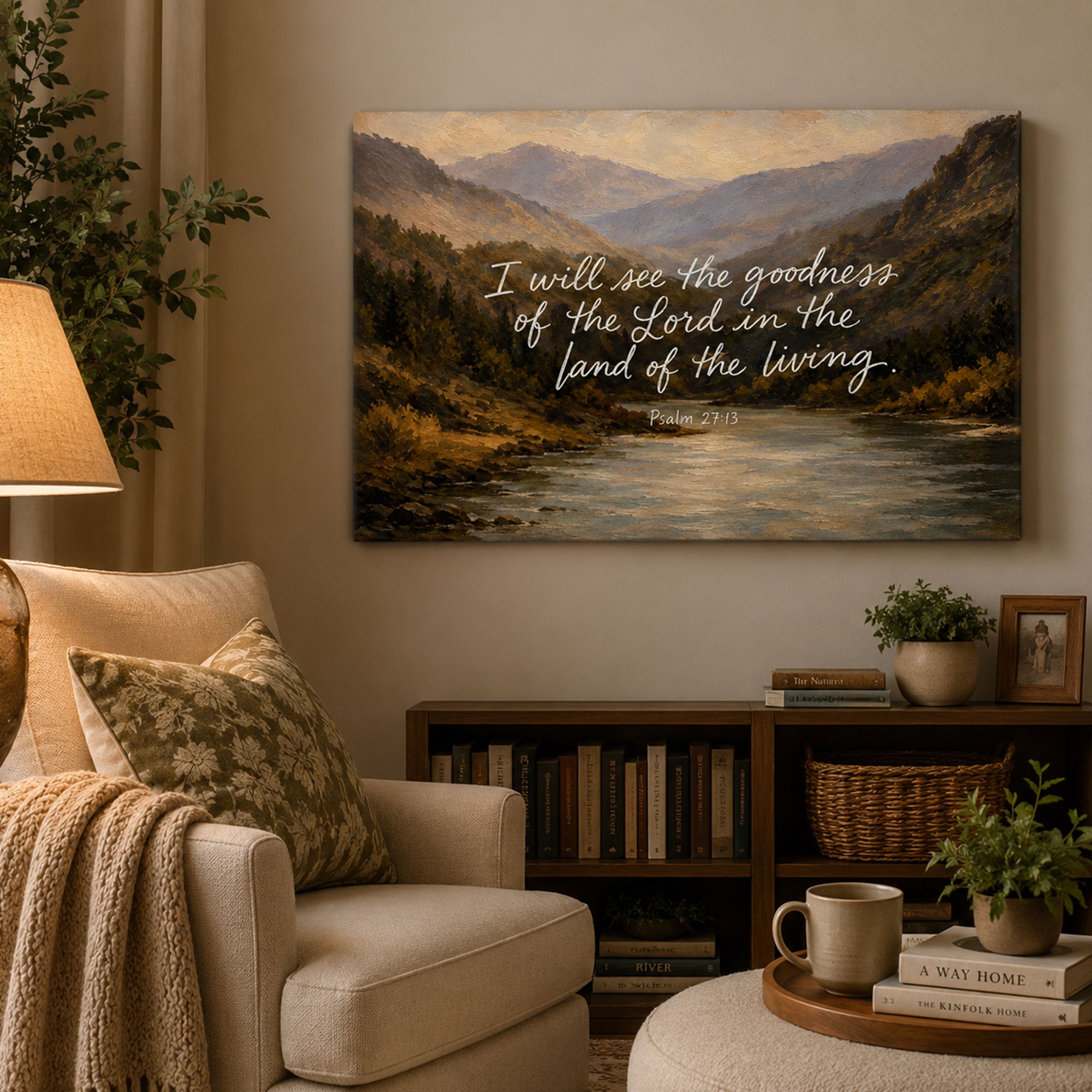 Psalm 27:13 Canvas Print, Mountain River Scripture Wall Art, Christian Faith Home Decor Gift