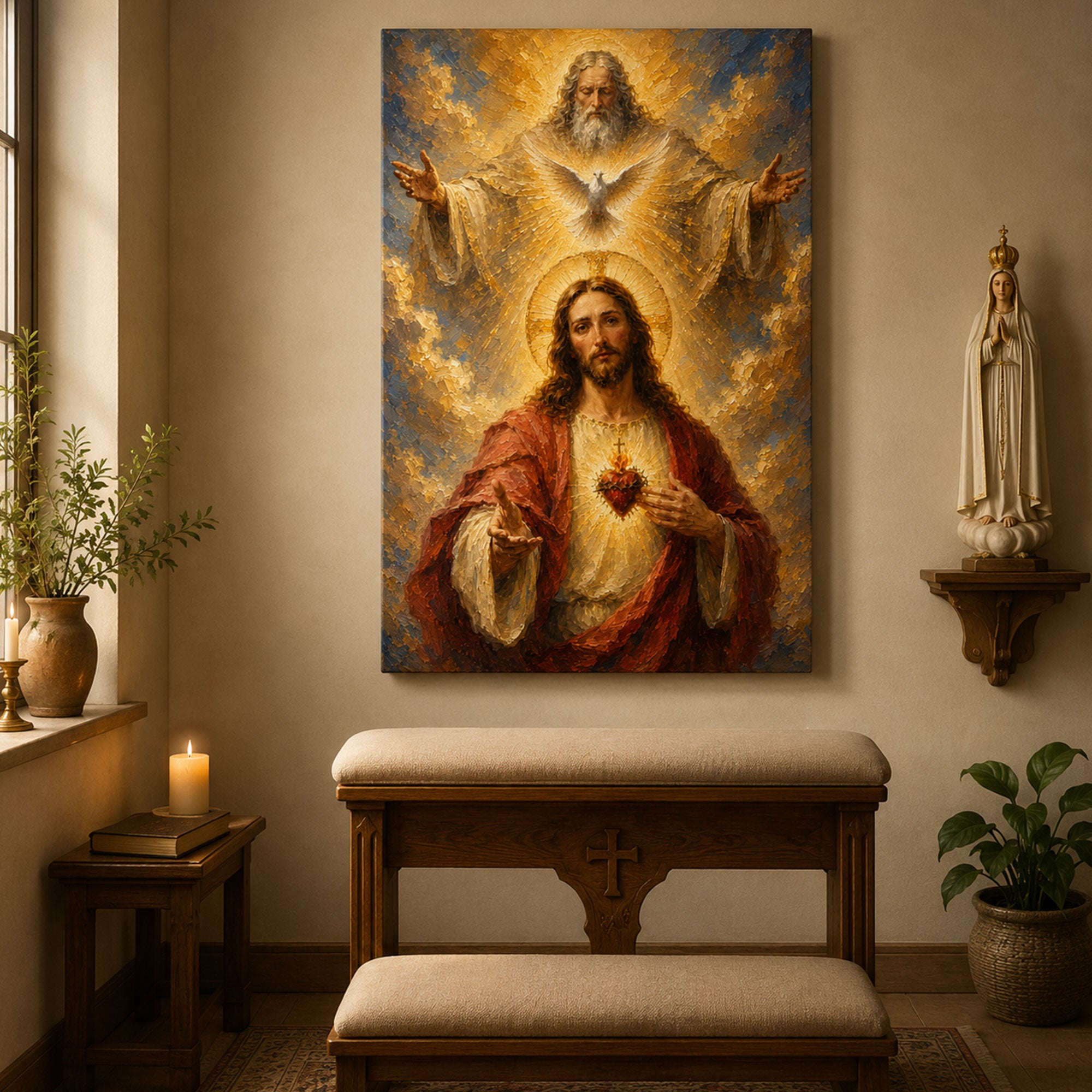Holy Trinity Sacred Heart Jesus Canvas Print, Catholic Christian Wall Art, Faith Home Decor