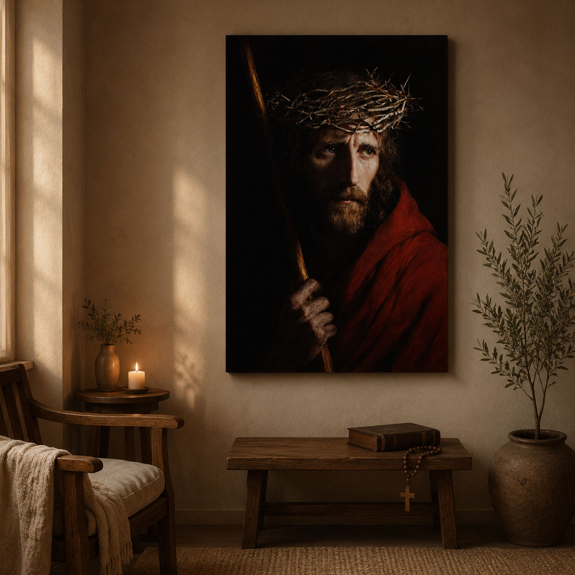 Crown of Thorns Jesus Canvas Print, Passion of Christ Catholic Wall Art, Dark Christian Home Decor