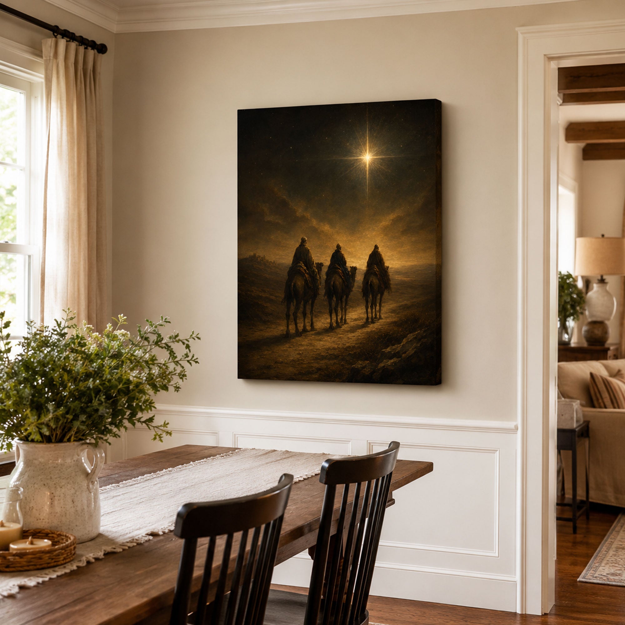 Three Wise Men Beneath the Bethlehem Star Canvas Print, Dark Gold Christian Decor