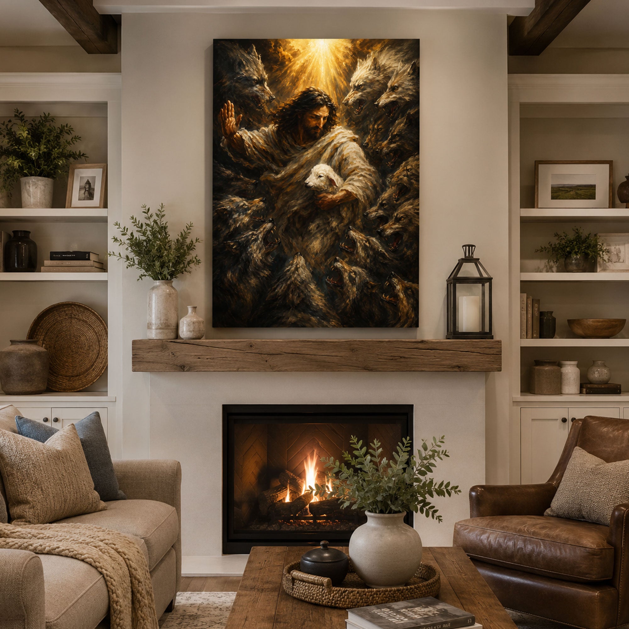 Jesus Protecting the Lamb Canvas Print, Good Shepherd Christian Wall Art, Faith Home Decor Gift