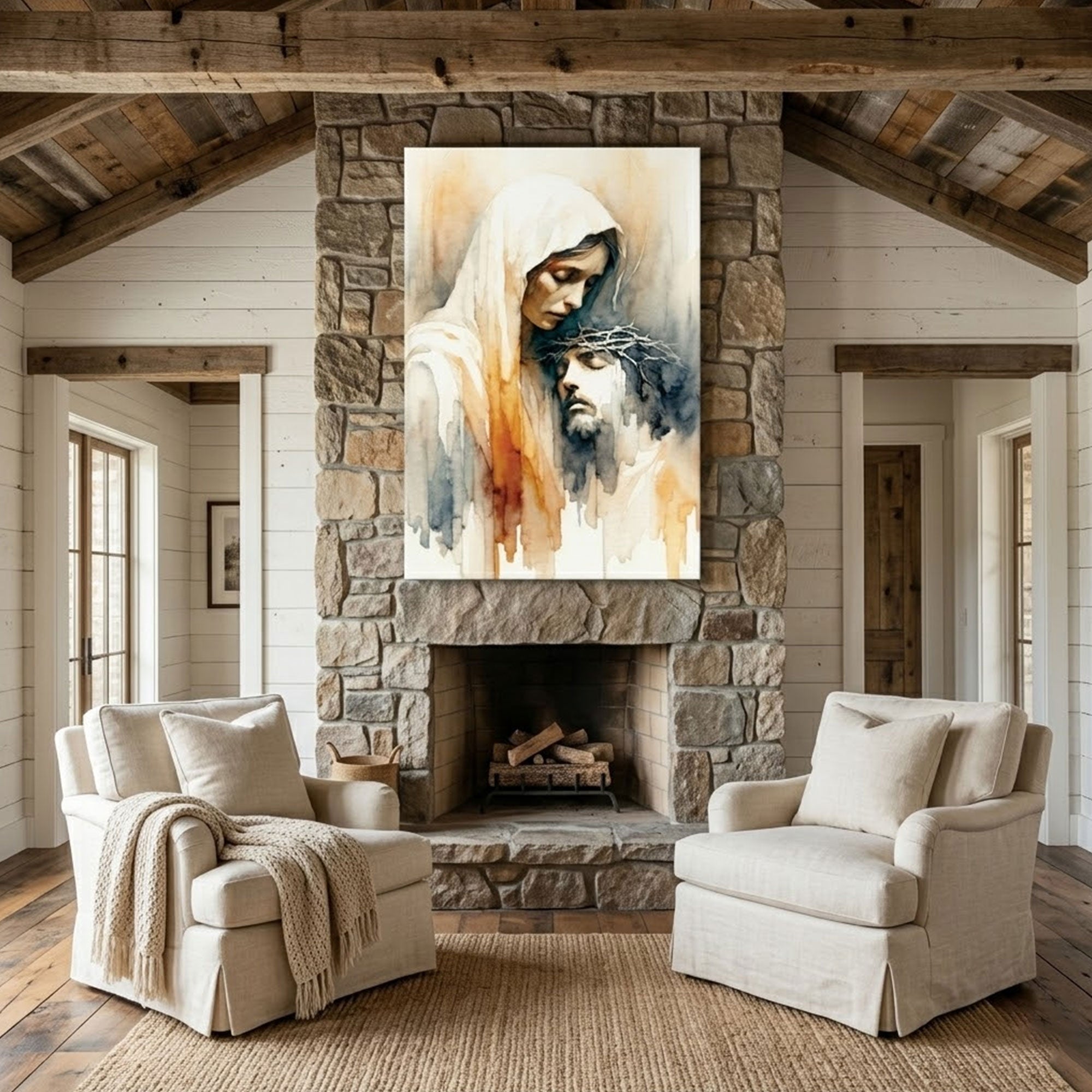Mother Mary and Jesus Watercolor Canvas Print, Minimalist Christian Wall Art, Faith Inspired Home Decor