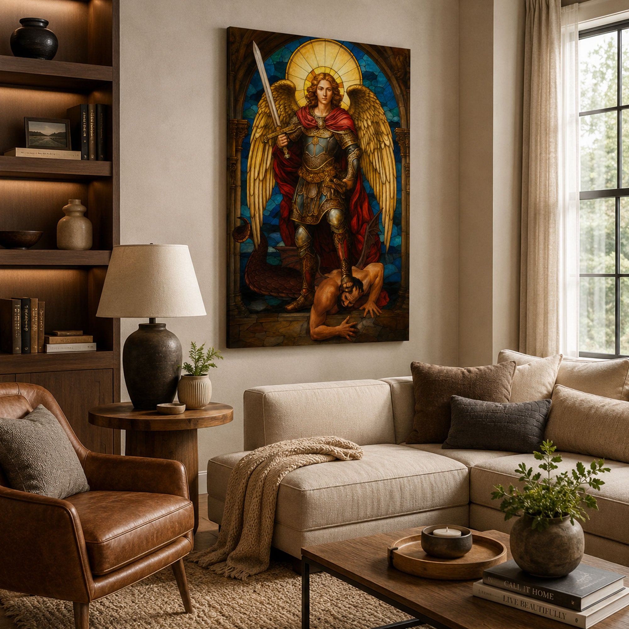 St. Michael the Archangel Canvas Print, Stained Glass Style Catholic Angel Wall Art, Faith Home Decor Gift