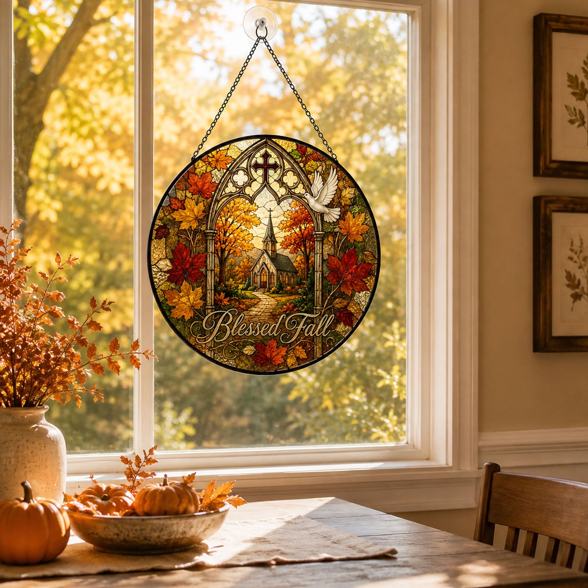Blessed Fall Church Suncatcher, Autumn Leaves Christian Window Hanging, Faith Gift for Home