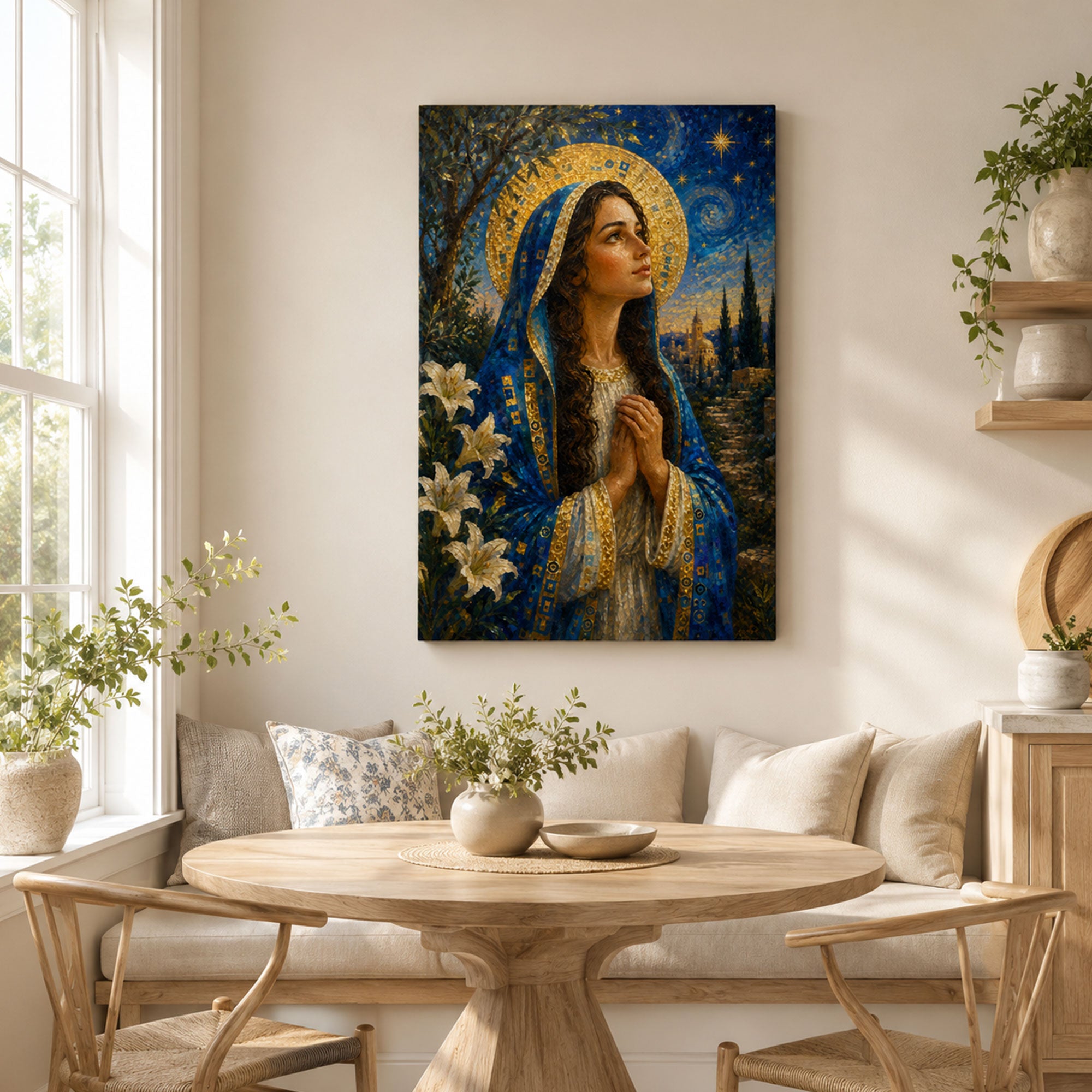 Mary Magdalene Prayer Canvas Print, Blue and Gold Catholic Home Decor