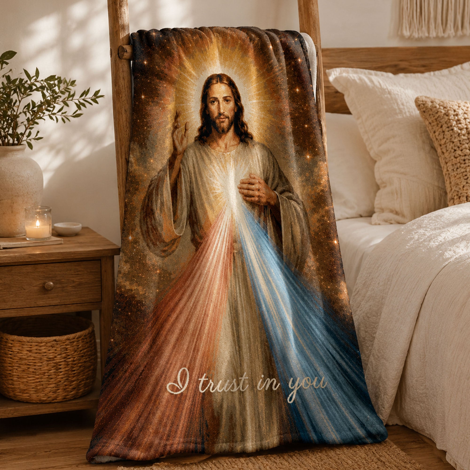 Divine Mercy Jesus Fleece Blanket, I Trust in You Catholic Throw, Christian Faith Gift