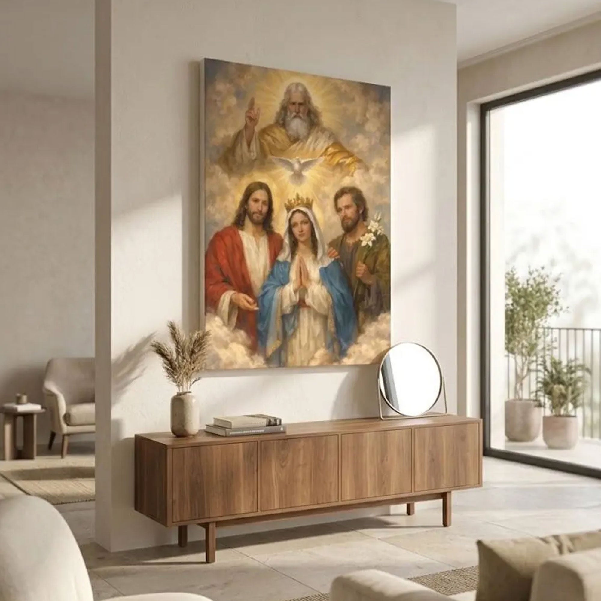 Catholic Holy Family Canvas Print, Virgin Mary Jesus and Joseph Wall Art, Sacred Christian Faith Home Decor