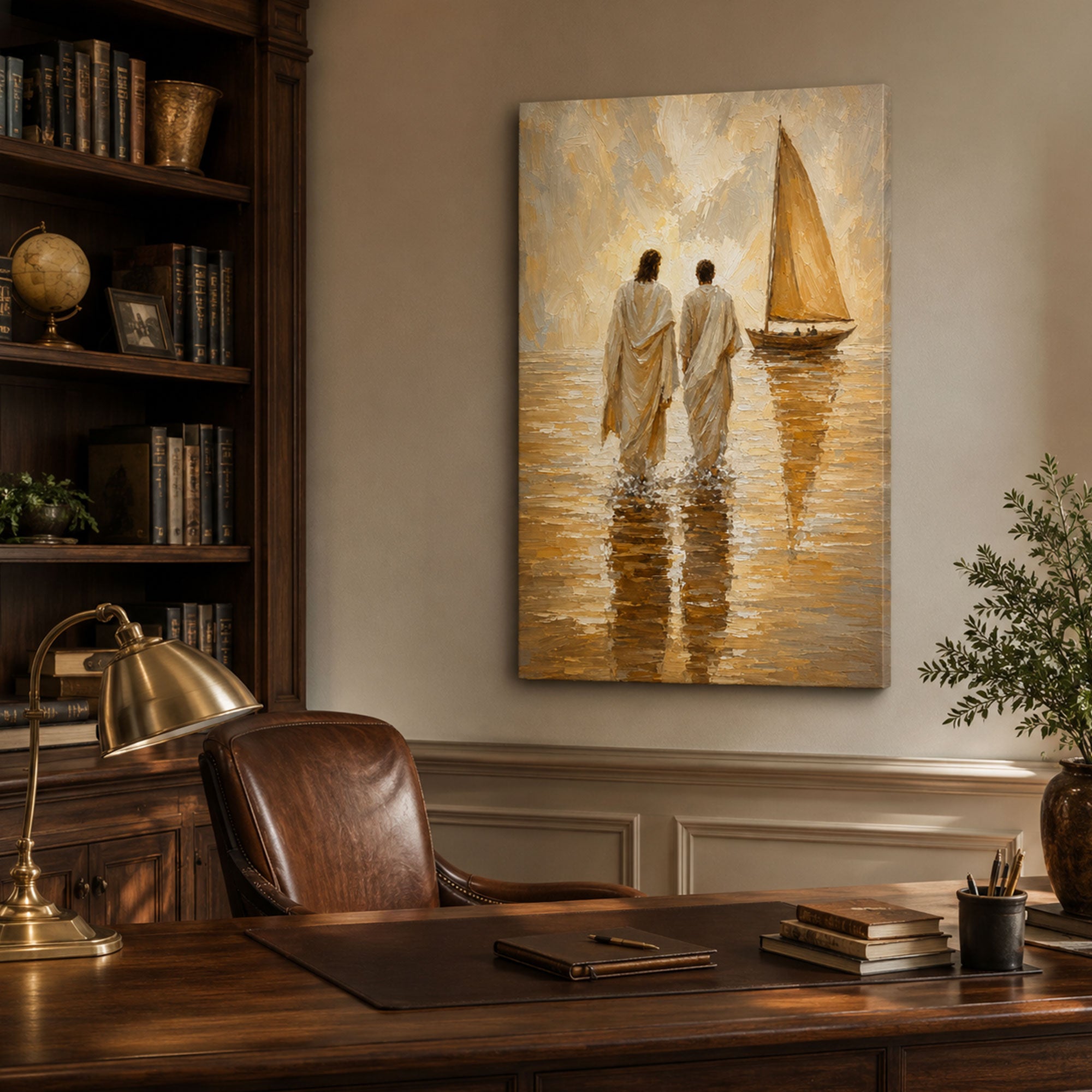 Jesus Walking Beside Disciple Canvas Print, Warm Coastal Christian Wall Decor