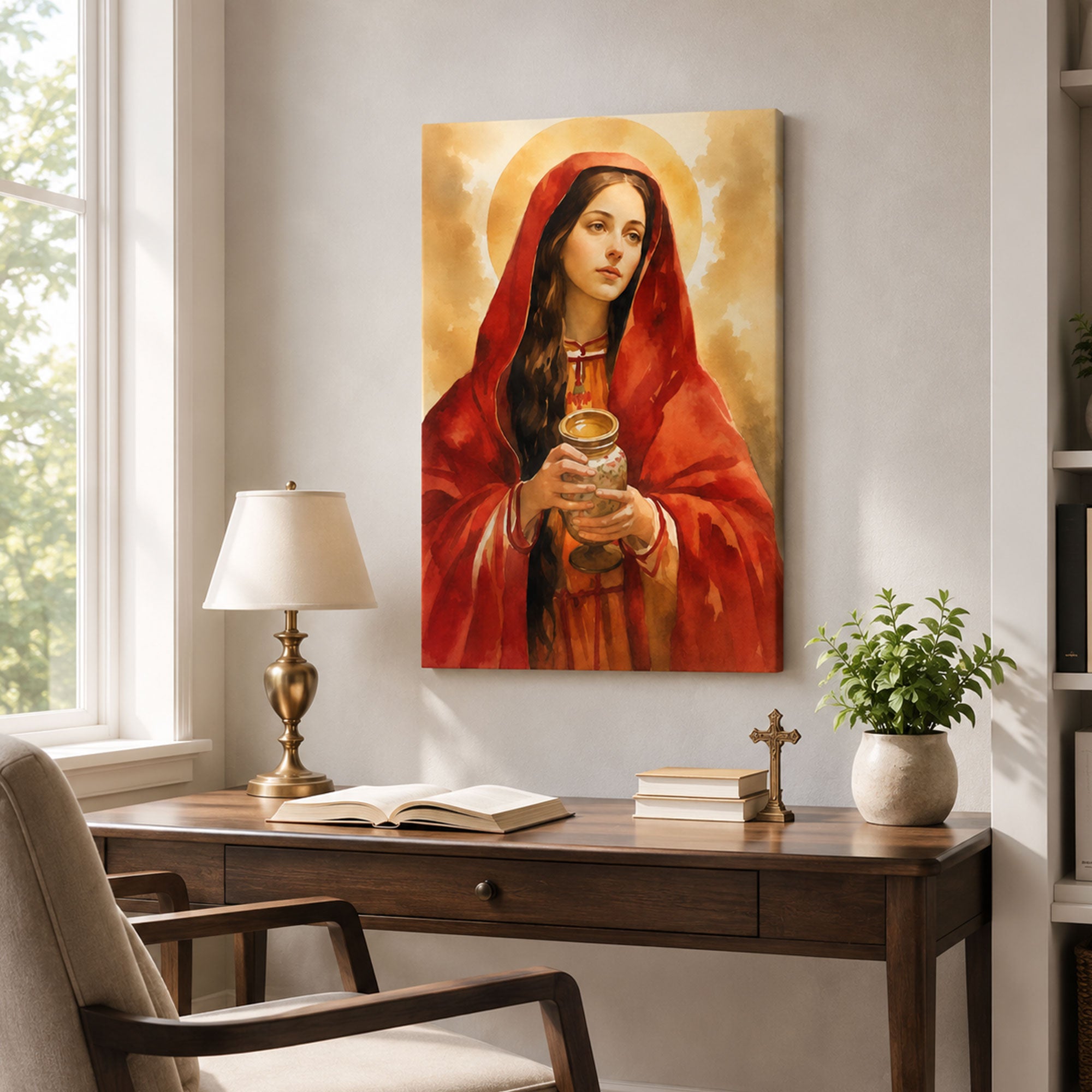 Mary Magdalene Anointing Oil Canvas Print, Crimson Watercolor Catholic Decor