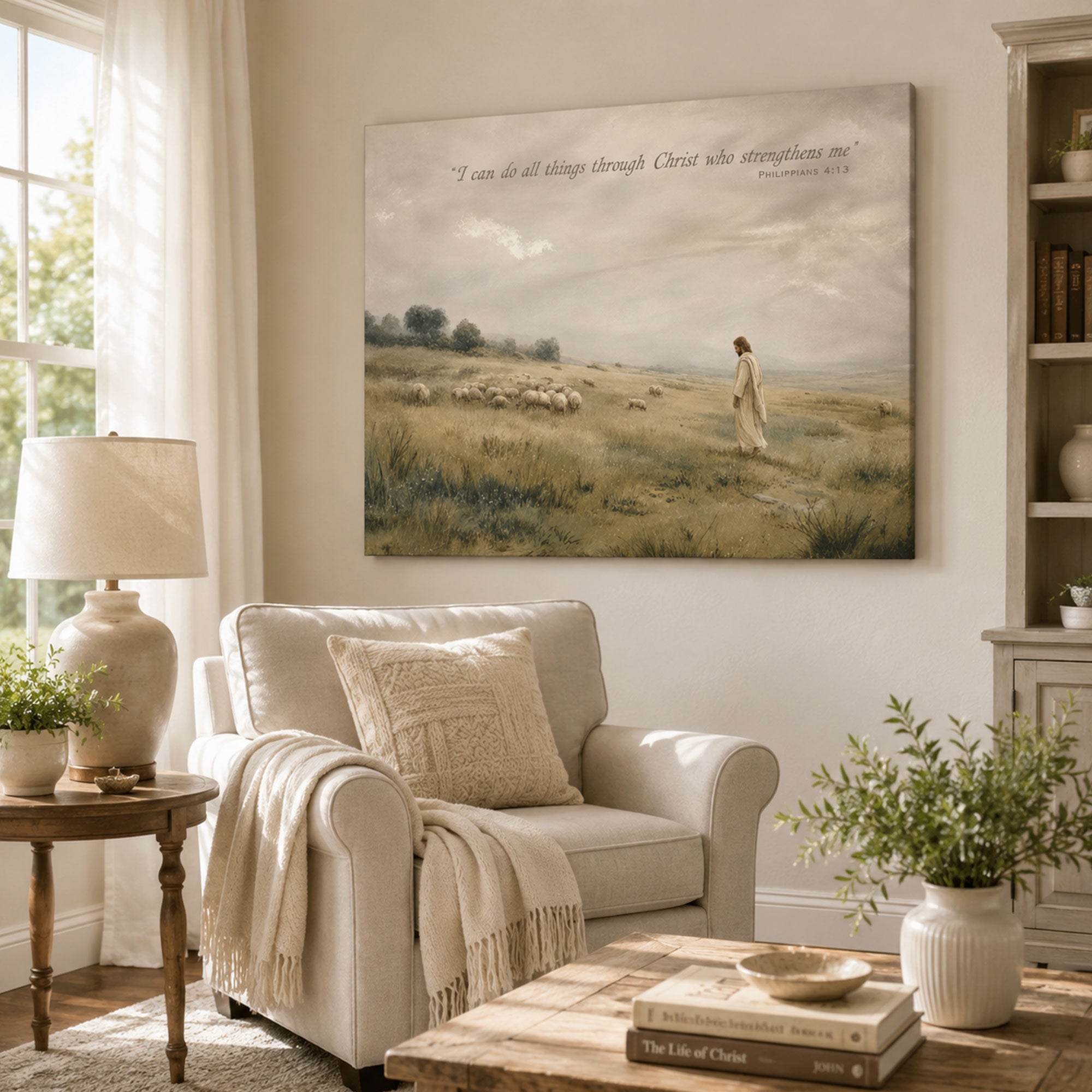 Philippians 4:13 Jesus Shepherd Canvas Print, Christian Scripture Decor