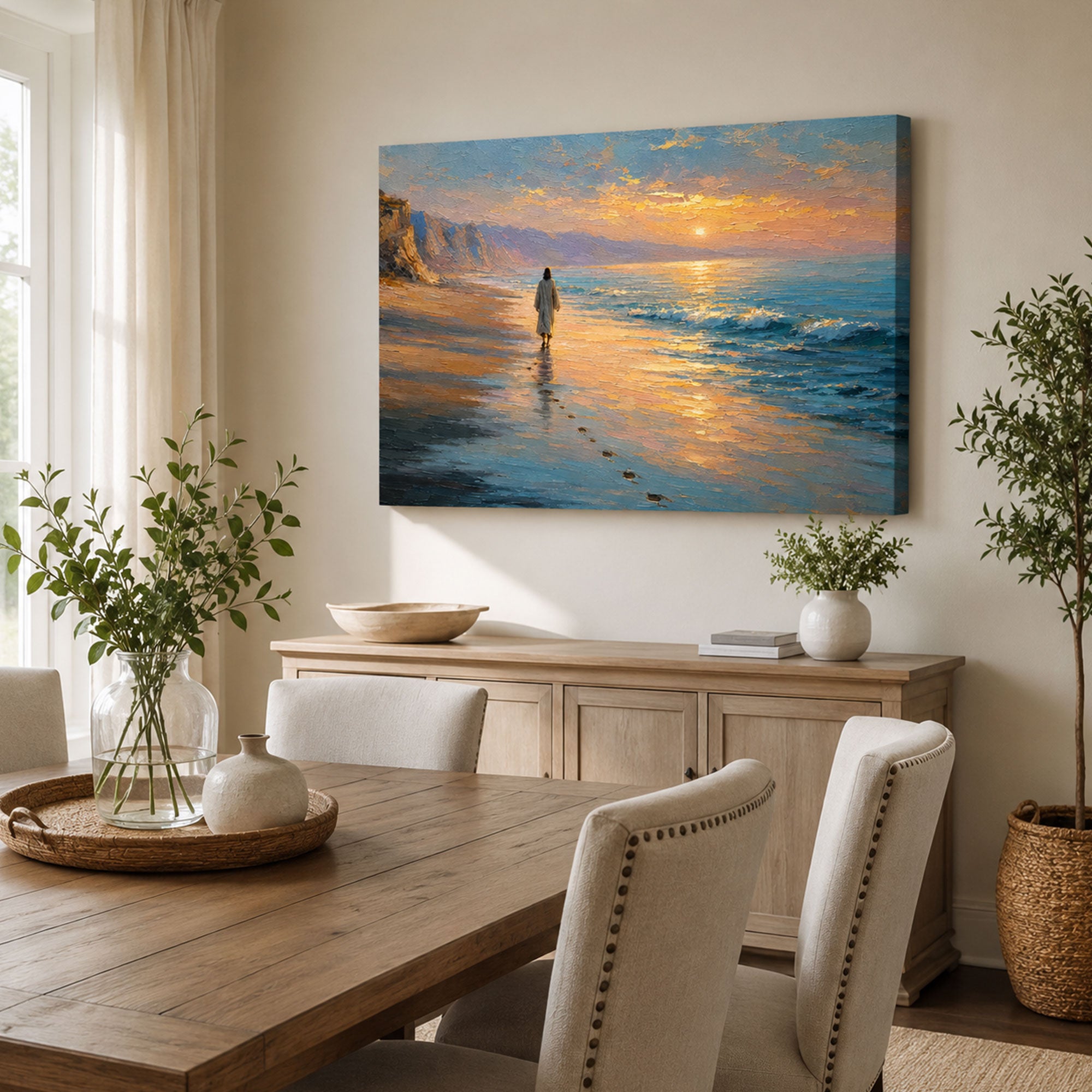 Jesus Walking by the Sea Canvas Print, Peaceful Christian Home Decor