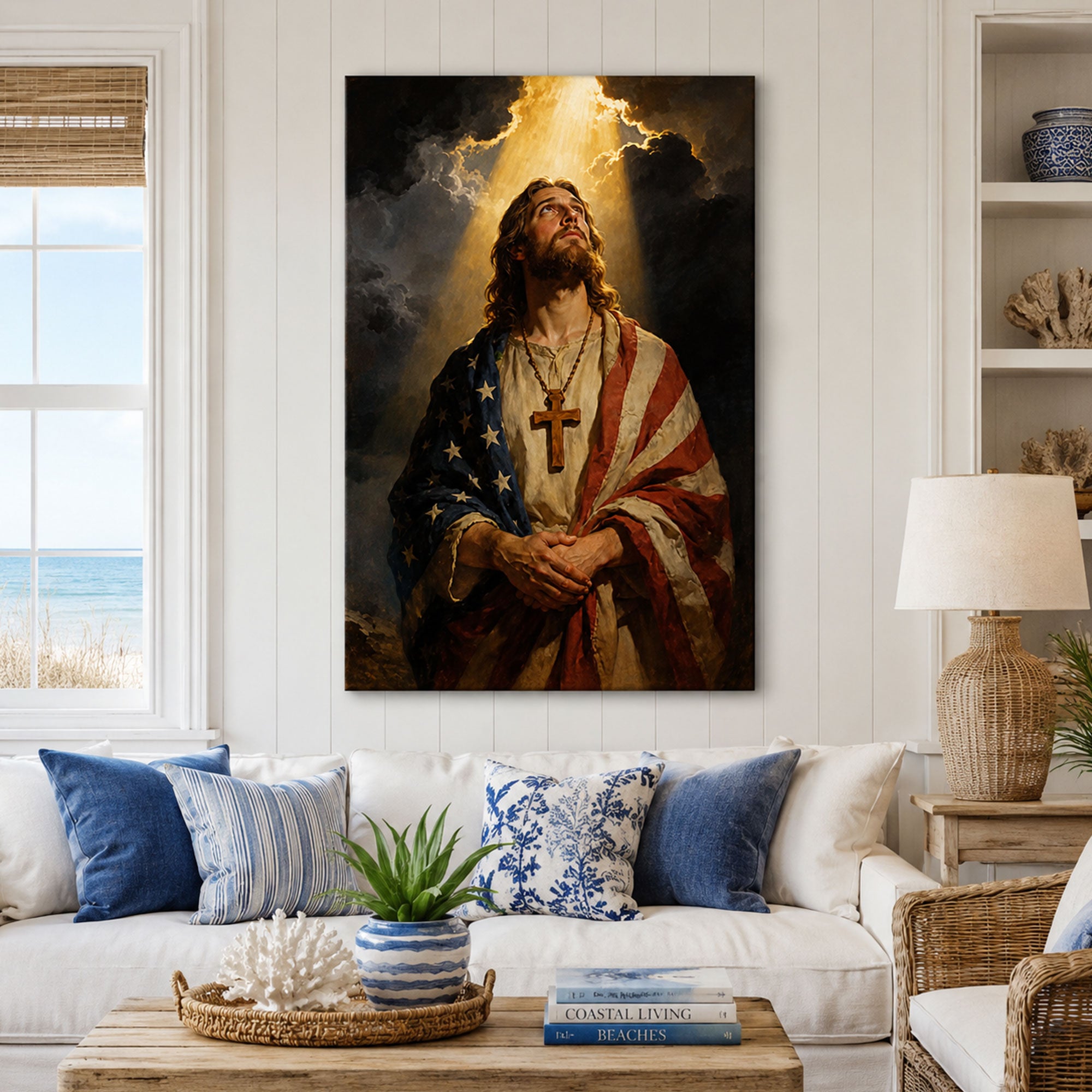 Patriotic Jesus Christ Canvas Print, American Flag Christian Wall Art, USA Faith Home Decor