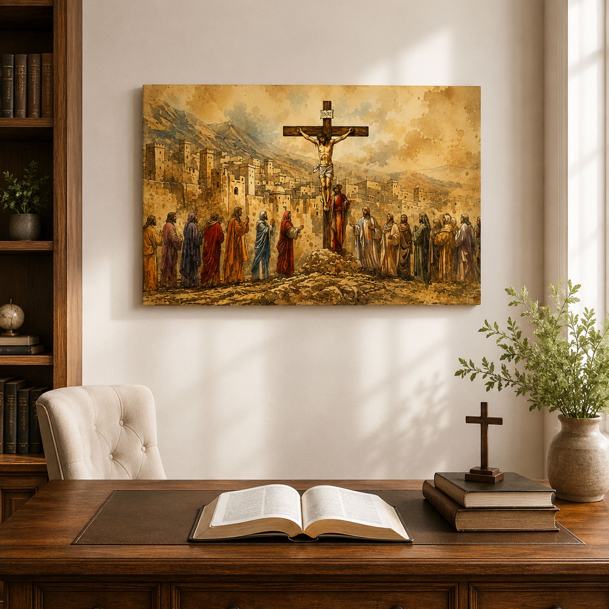 Crucifixion of Jesus Canvas Print, Calvary Scene Catholic Wall Art, Passion of Christ Christian Home Decor
