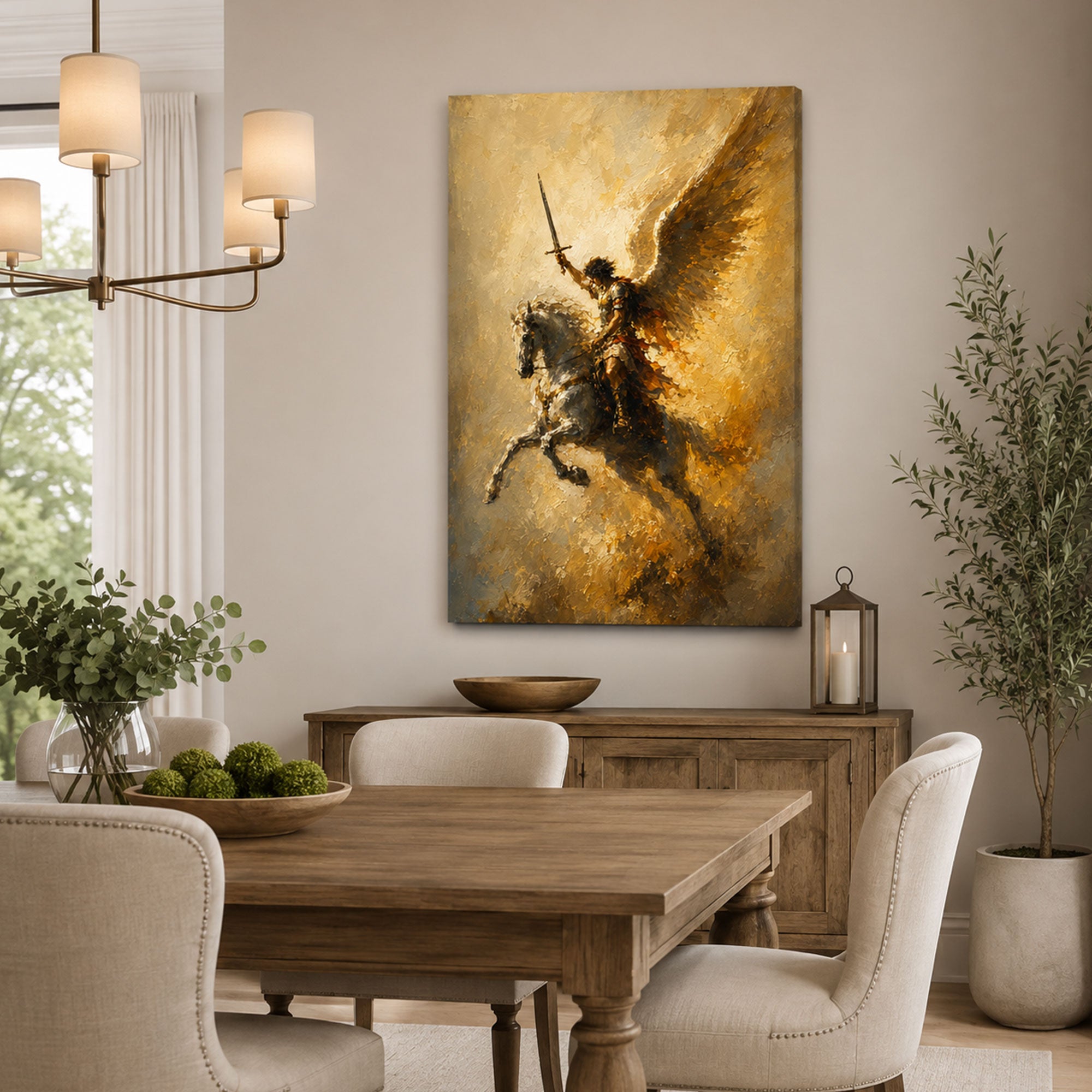 Saint Michael the Archangel on Horseback Canvas Print, Heavenly Warrior Catholic Wall Decor, Protection Faith Gift