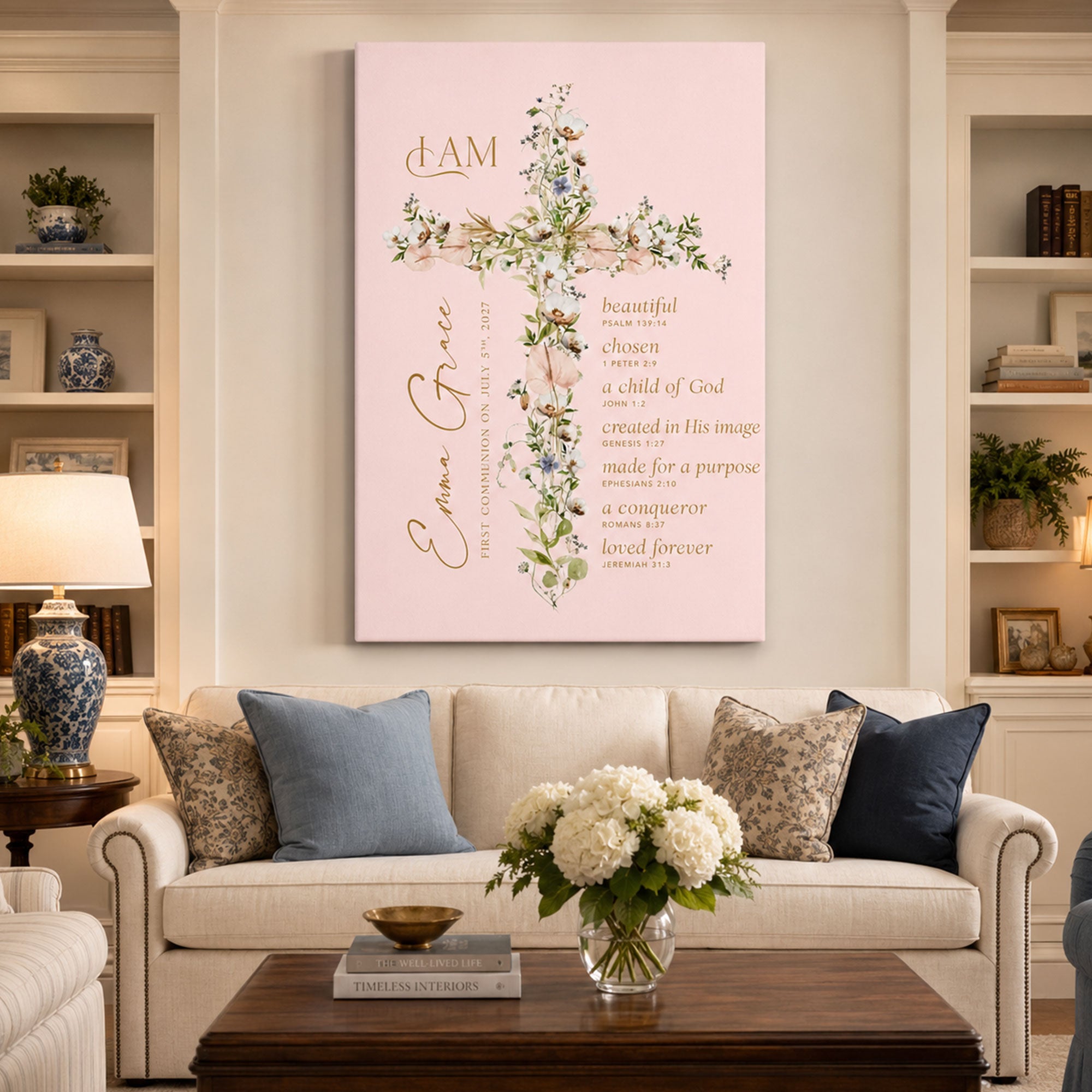 First Communion Gift for Girl, Floral Cross Printable Wall Art, Holy Communion Confirmation Baptism Keepsake, Christian Faith Gift